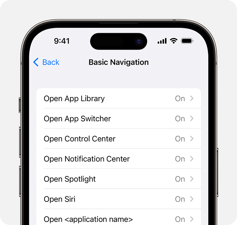 Close-up of an iPhone screen showing the 'Basic Navigation' settings menu with options like 'Open App Library,' 'Open App Switcher,' 'Open Control Center,' 'Open Notification Center,' and 'Open Spotlight,' all toggled to 'On.'