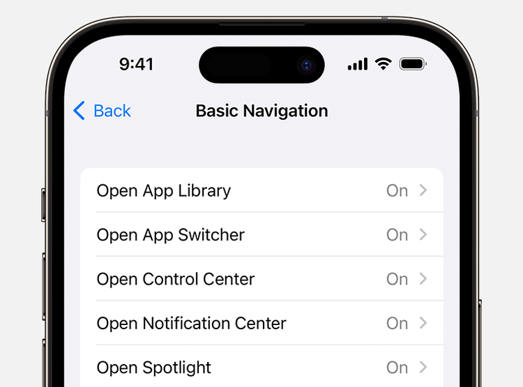 Close-up of an iPhone screen showing the 'Basic Navigation' settings menu with options like 'Open App Library,' 'Open App Switcher,' 'Open Control Center,' 'Open Notification Center,' and 'Open Spotlight,' all toggled to 'On.' Close-up of an iPhone screen showing the 'Basic Navigation' settings menu with options like 'Open App Library,' 'Open App Switcher,' 'Open Control Center,' 'Open Notification Center,' and 'Open Spotlight,' all toggled to 'On.'