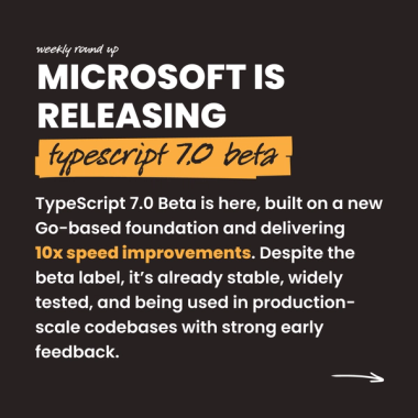 Microsoft is releasing typescript 7.0 beta. TypeScript 7.0 Beta is here, built on a new Go-based foundation and delivering 10x speed improvements. Despite the beta label, it’s already stable, widely tested, and being used in production-scale codebases with strong early feedback. Microsoft is releasing typescript 7.0 beta. TypeScript 7.0 Beta is here, built on a new Go-based foundation and delivering 10x speed improvements. Despite the beta label, it’s already stable, widely tested, and being used in production-scale codebases with strong early feedback.