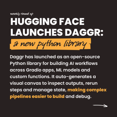 hugging face launches daggr: a new python library. Daggr has launched as an open-source Python library for building AI workflows across Gradio apps, ML models and custom functions. It auto-generates a visual canvas to inspect outputs, rerun steps and manage state, making complex pipelines easier to build and debug. hugging face launches daggr: a new python library. Daggr has launched as an open-source Python library for building AI workflows across Gradio apps, ML models and custom functions. It auto-generates a visual canvas to inspect outputs, rerun steps and manage state, making complex pipelines easier to build and debug.