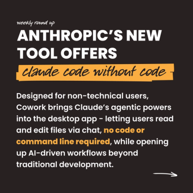 Anthropic’s new tool offers claude code without code. Designed for non-technical users, Cowork brings Claude’s agentic powers into the desktop app - letting users read and edit files via chat, no code or command line required, while opening up AI-driven workflows beyond traditional development. Anthropic’s new tool offers claude code without code. Designed for non-technical users, Cowork brings Claude’s agentic powers into the desktop app - letting users read and edit files via chat, no code or command line required, while opening up AI-driven workflows beyond traditional development.