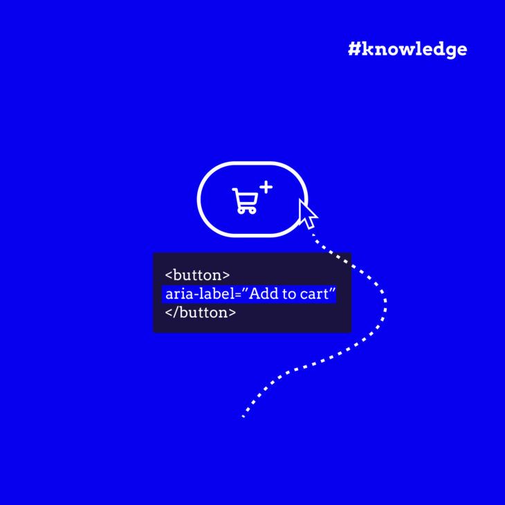 Illustration showing a 'Add to cart' icon button with a shopping cart symbol and a plus sign. A cursor points to the button, and a dashed line leads to a code snippet displaying: <button aria-label='Add to cart'></button>, highlighting accessible web development.