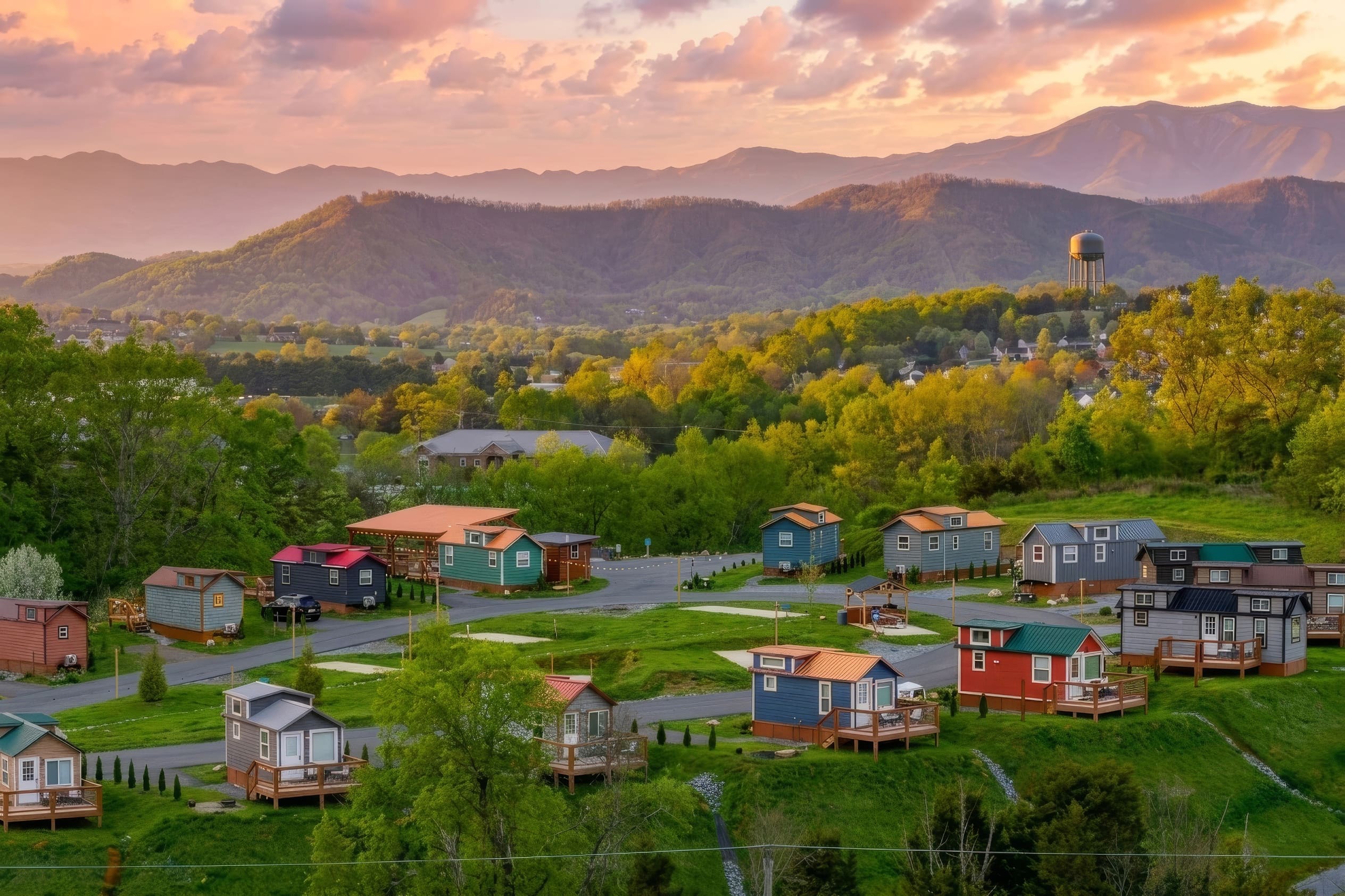 Aerial drone view of Sojourn Camp at Sojourn Lodging in the Smoky Mountains