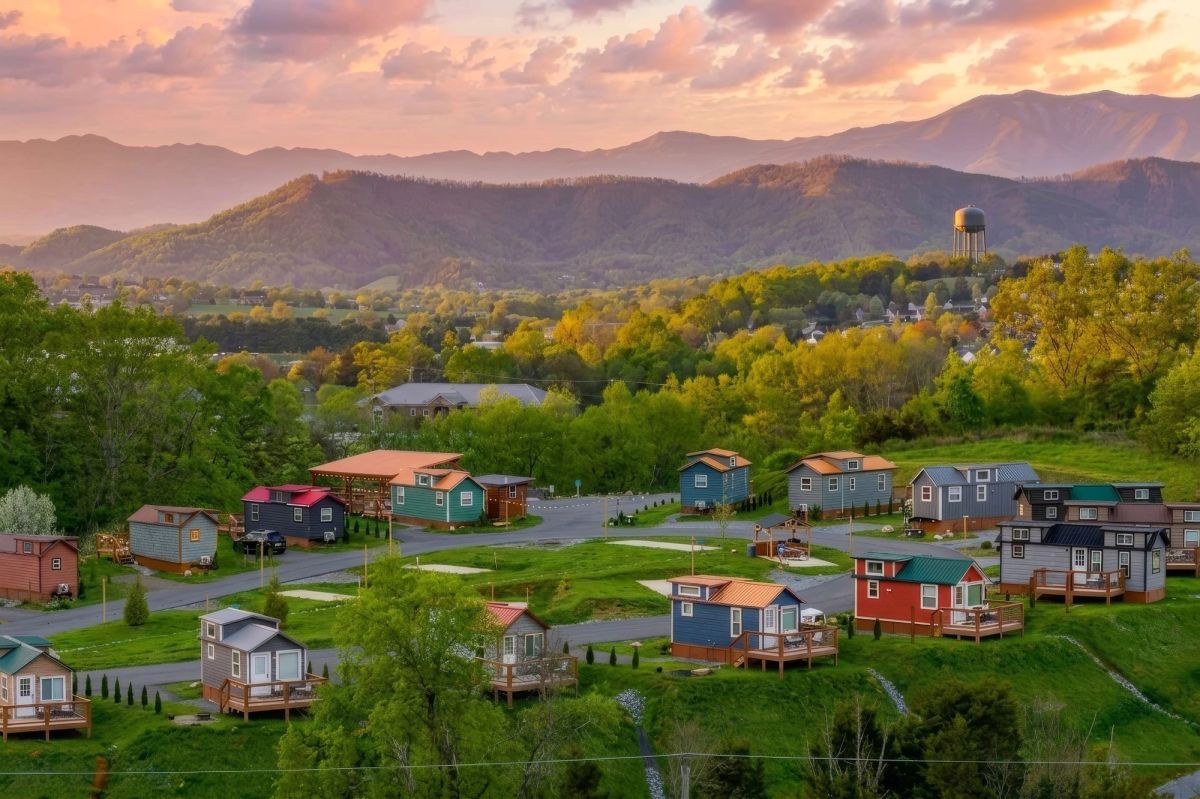 Aerial drone view of Sojourn Camp at Sojourn Lodging in the Smoky Mountains