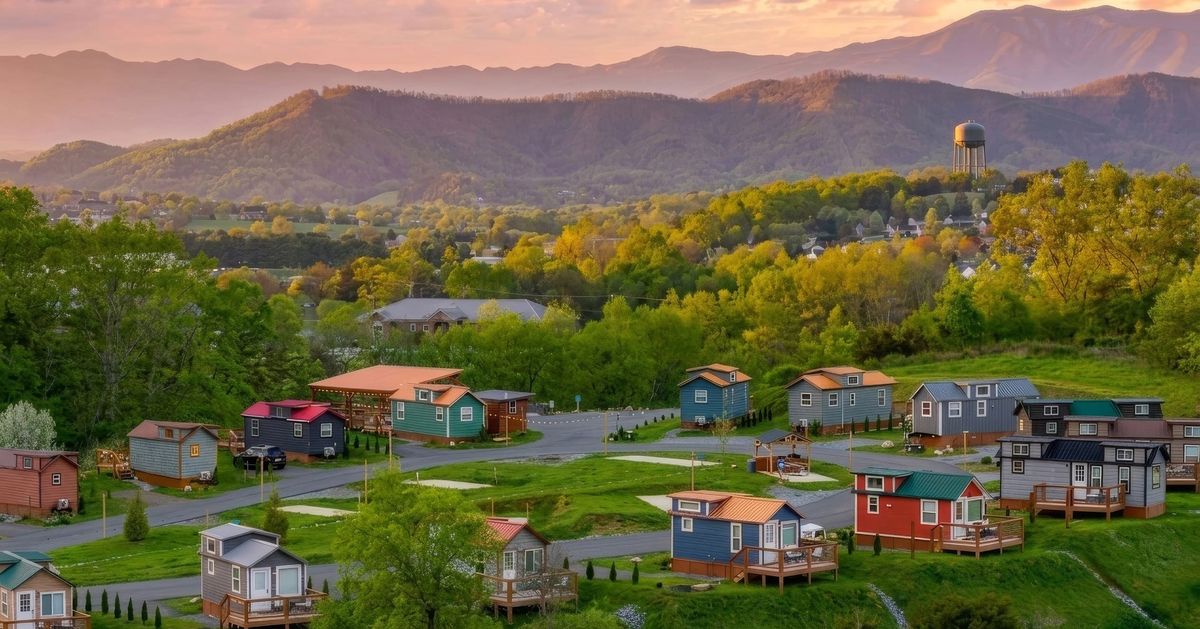 Aerial drone view of Sojourn Camp at Sojourn Lodging in the Smoky Mountains