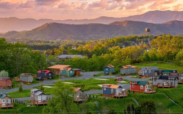 Aerial drone view of Sojourn Camp at Sojourn Lodging in the Smoky Mountains