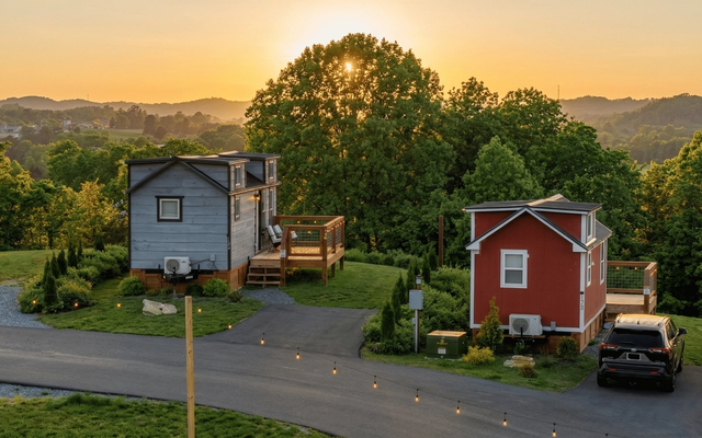 Aerial drone view of The Grove at Sojourn Lodging in the Smoky Mountains
