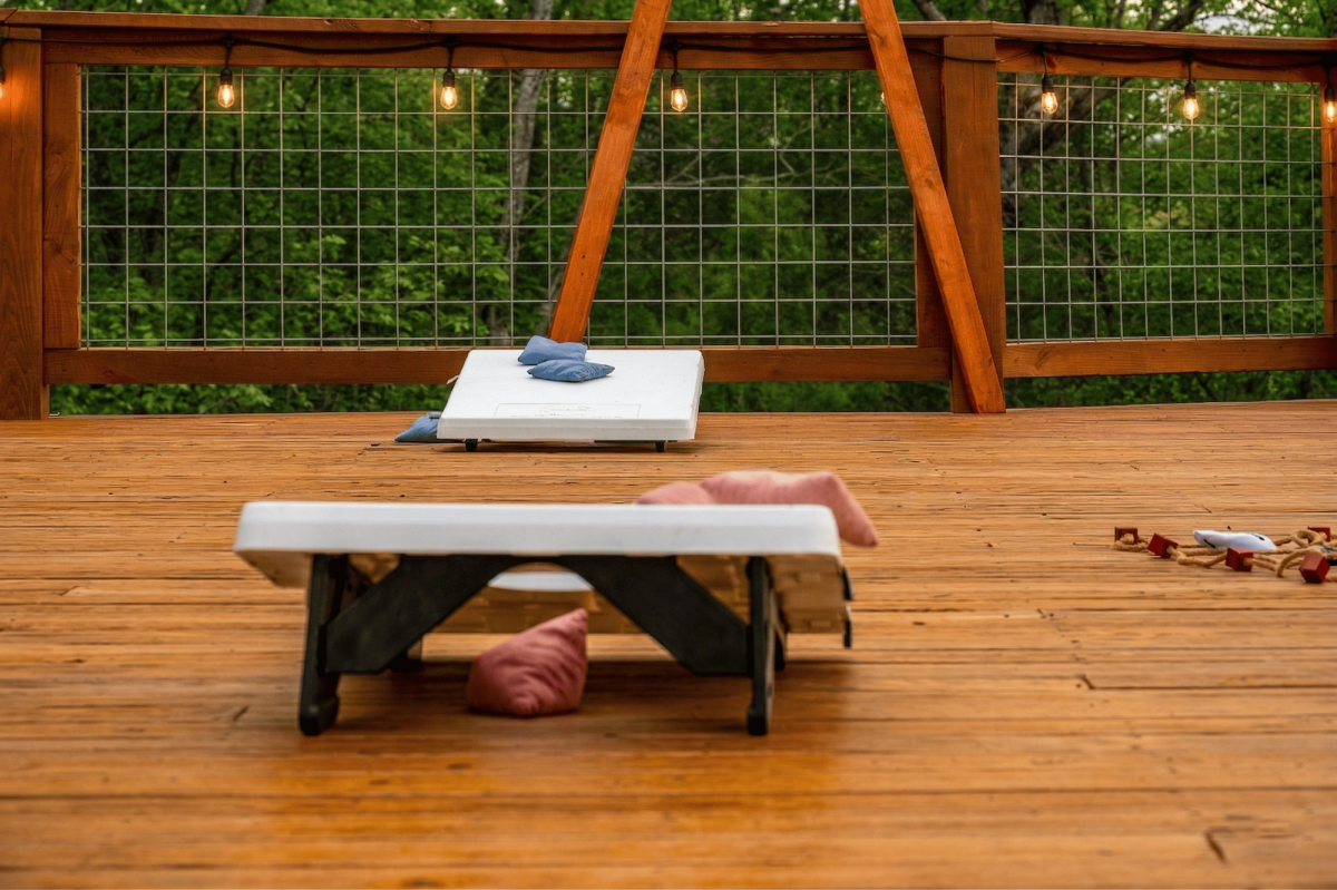 Private deck at Sojourn Camp with Smoky Mountain views