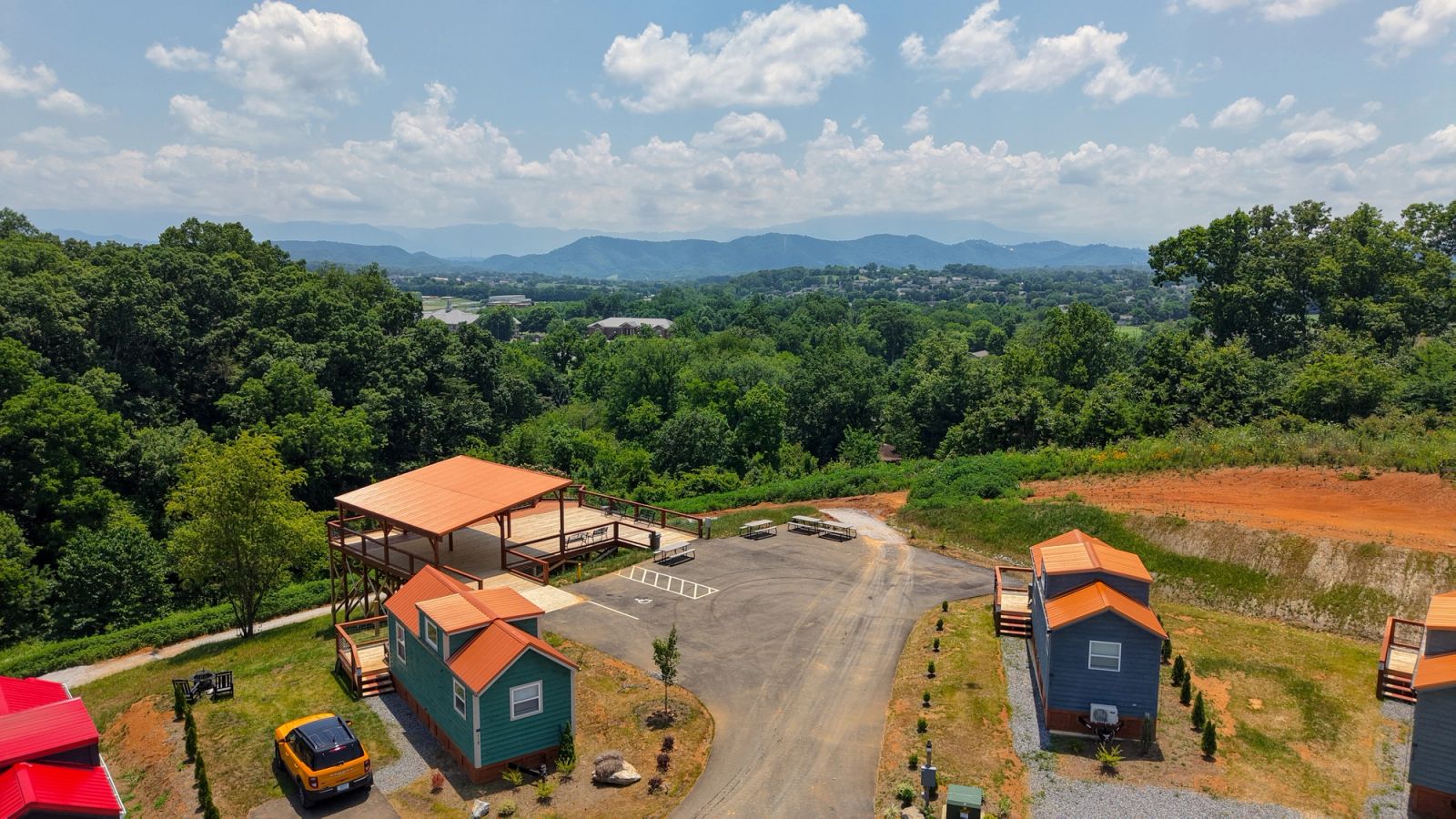 Aerial drone view of Sojourn Camp at Sojourn Lodging in the Smoky Mountains