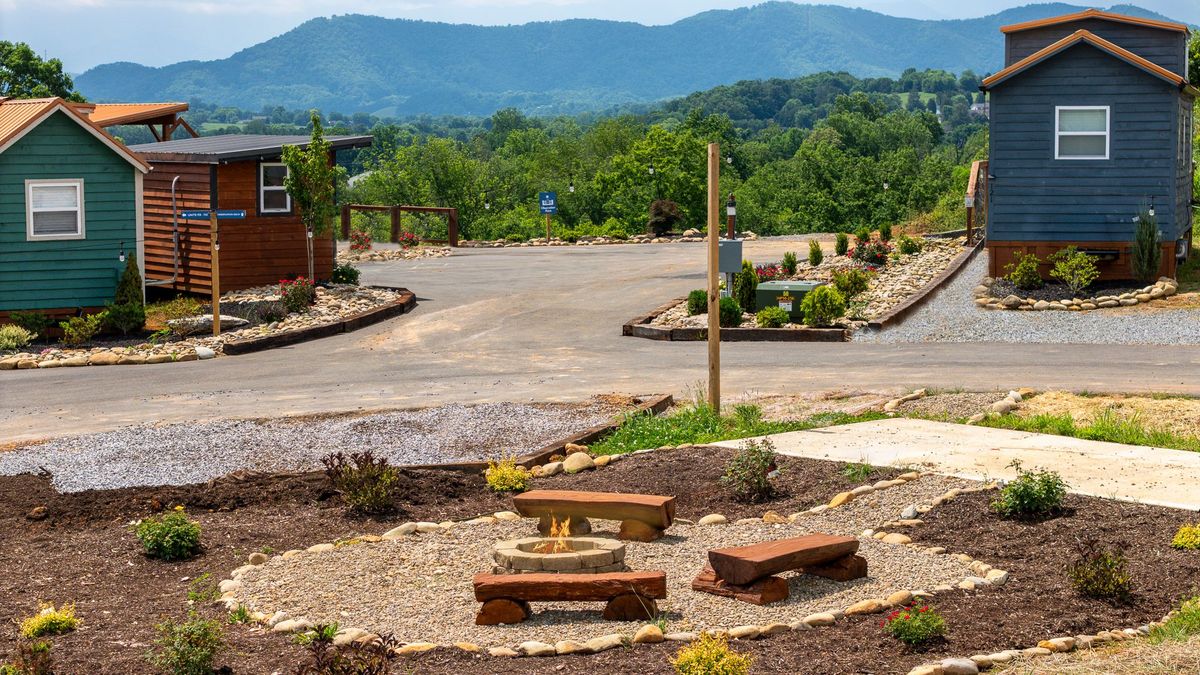 Aerial drone view of Sojourn Lodging tiny home village in the Smoky Mountains