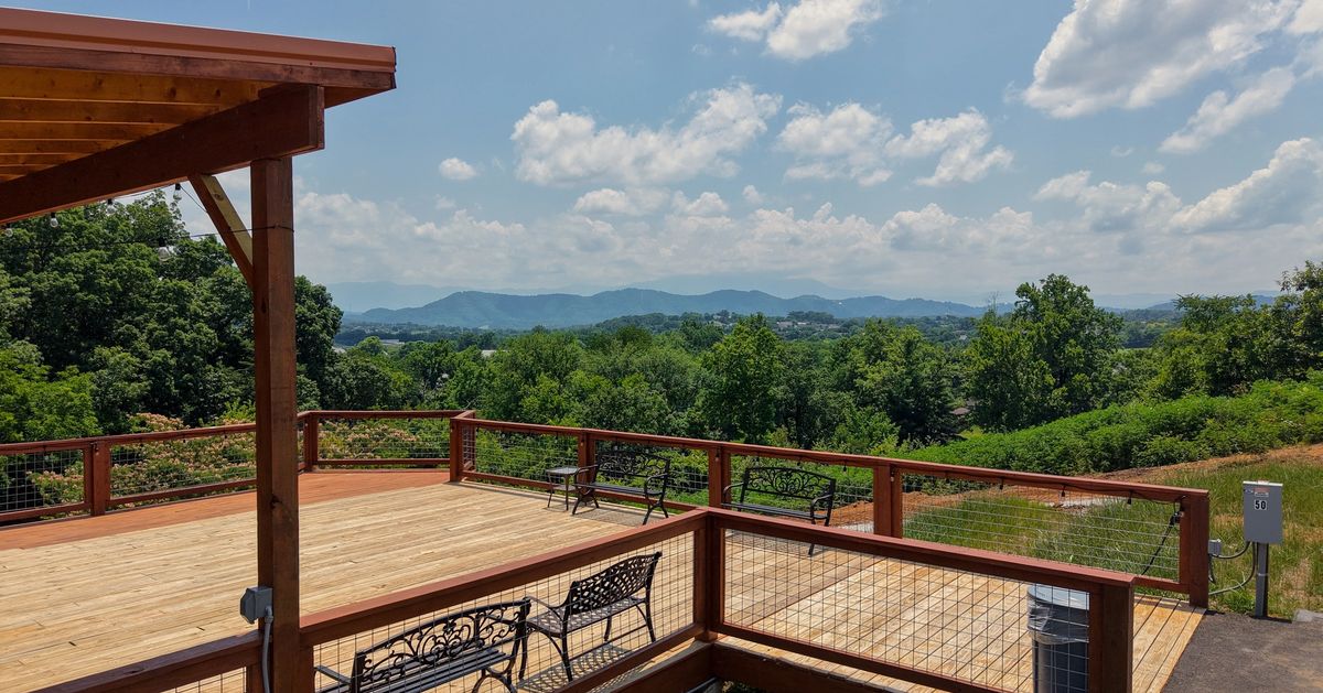 Aerial drone view of Sojourn Camp at Sojourn Lodging in the Smoky Mountains