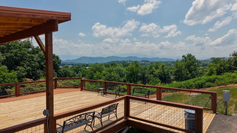 Aerial drone view of Sojourn Camp at Sojourn Lodging in the Smoky Mountains