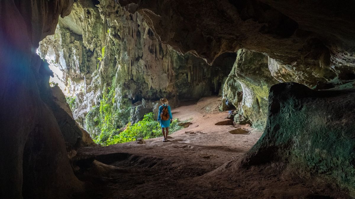 Person walking through an open cave with green.