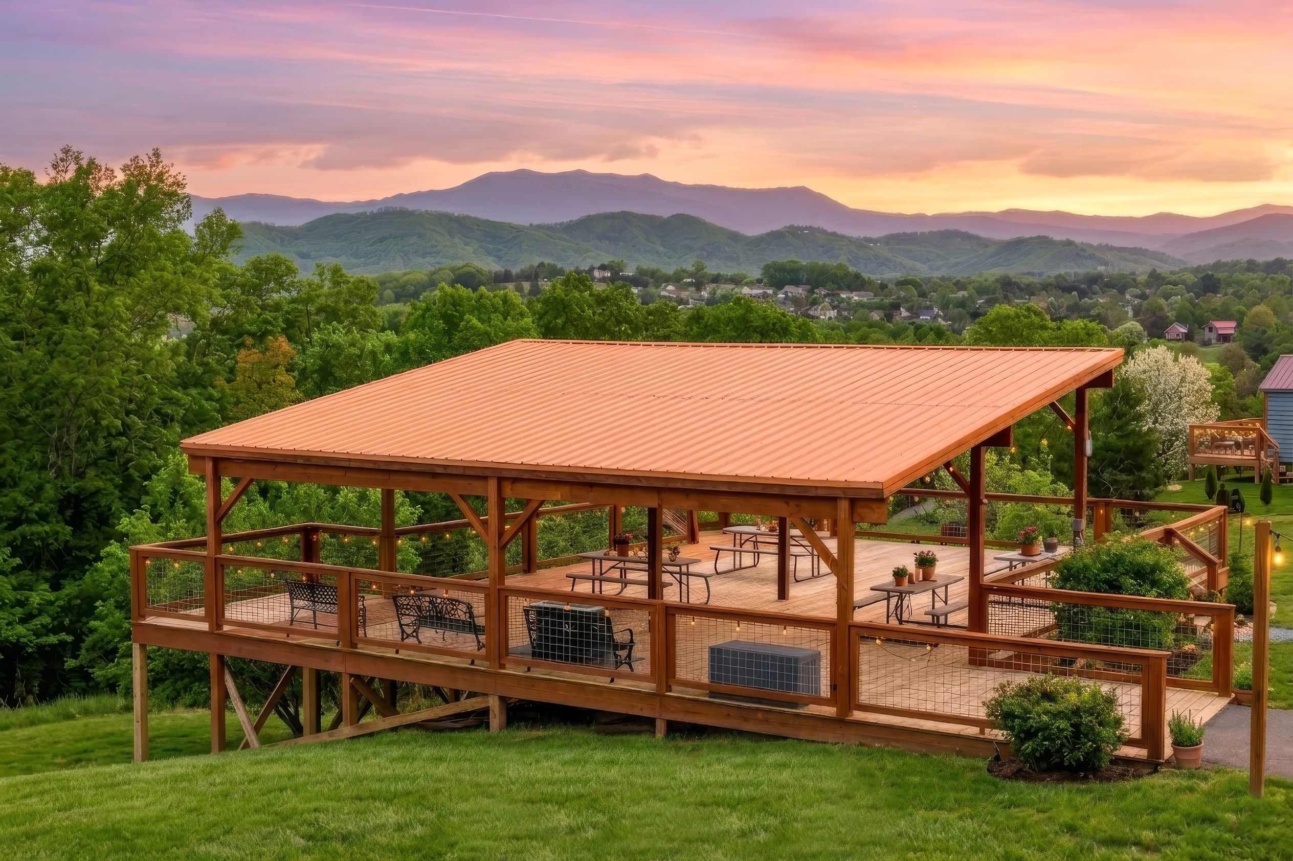 Private deck at Sojourn Camp with Smoky Mountain views