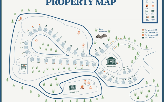 Sojourn Lodging property map showing all four tiny home units, welcome center, pickleball court, observation deck, and rock formation