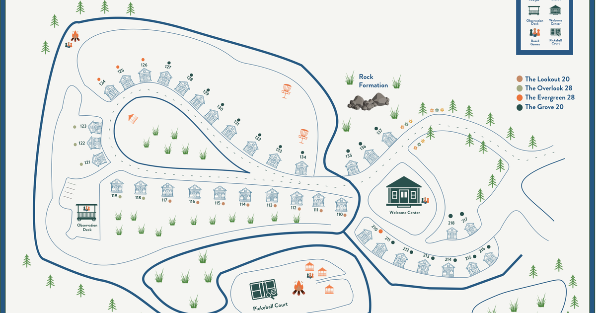 Sojourn Lodging property map showing all four tiny home units, welcome center, pickleball court, observation deck, and rock formation