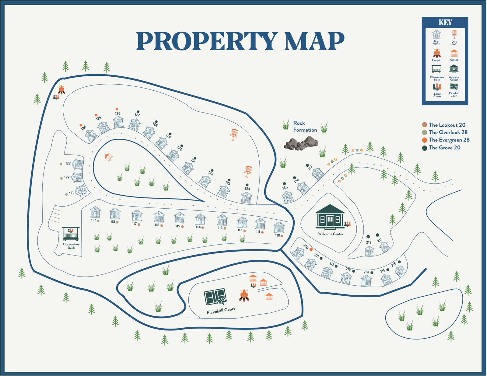 Sojourn Lodging property map showing all four tiny home units, welcome center, pickleball court, observation deck, and rock formation