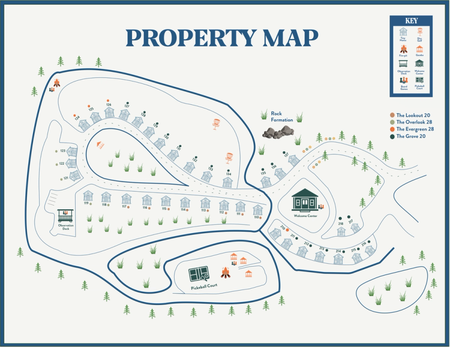 Sojourn Lodging property map showing all four tiny home units, welcome center, pickleball court, observation deck, and rock formation