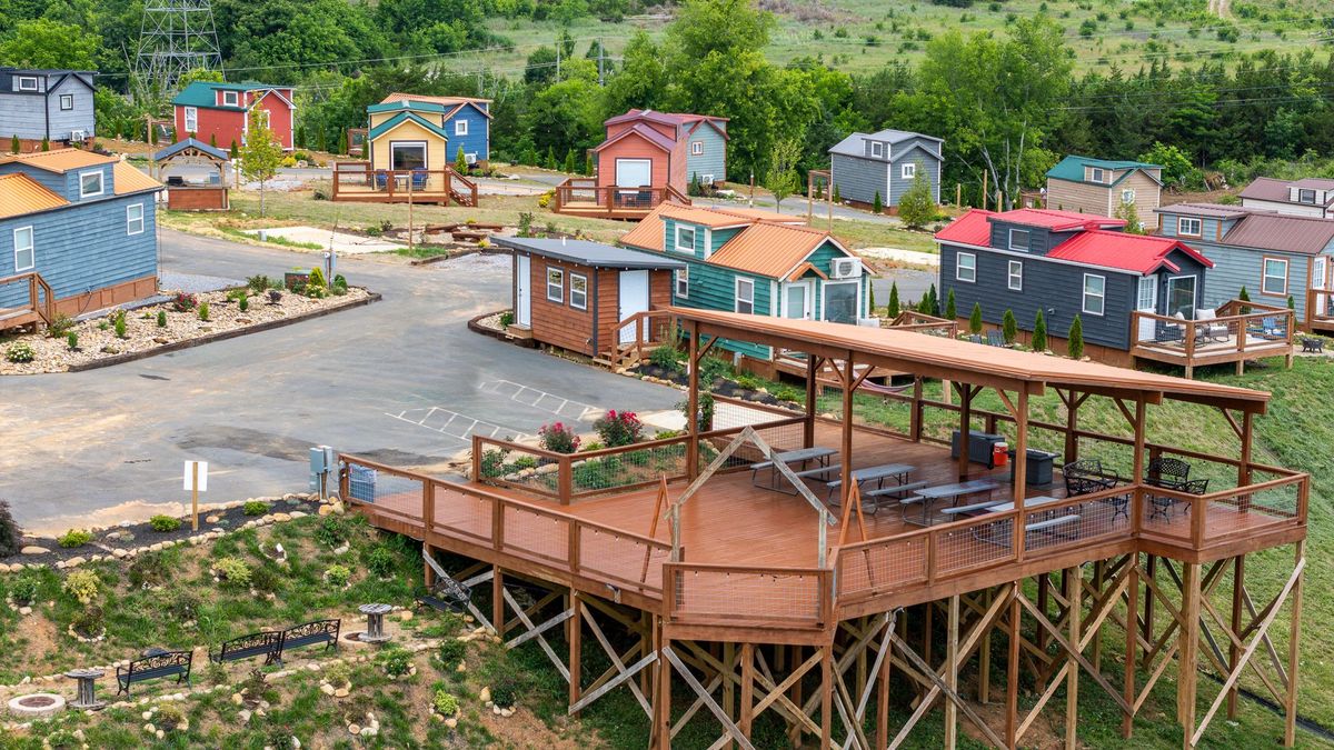 Aerial drone view of Sojourn Lodging tiny home village in the Smoky Mountains