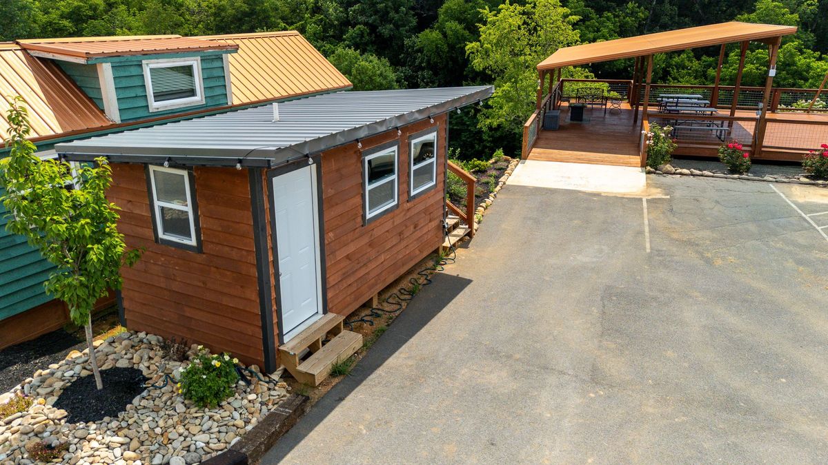 Aerial drone view of Sojourn Lodging tiny home village in the Smoky Mountains