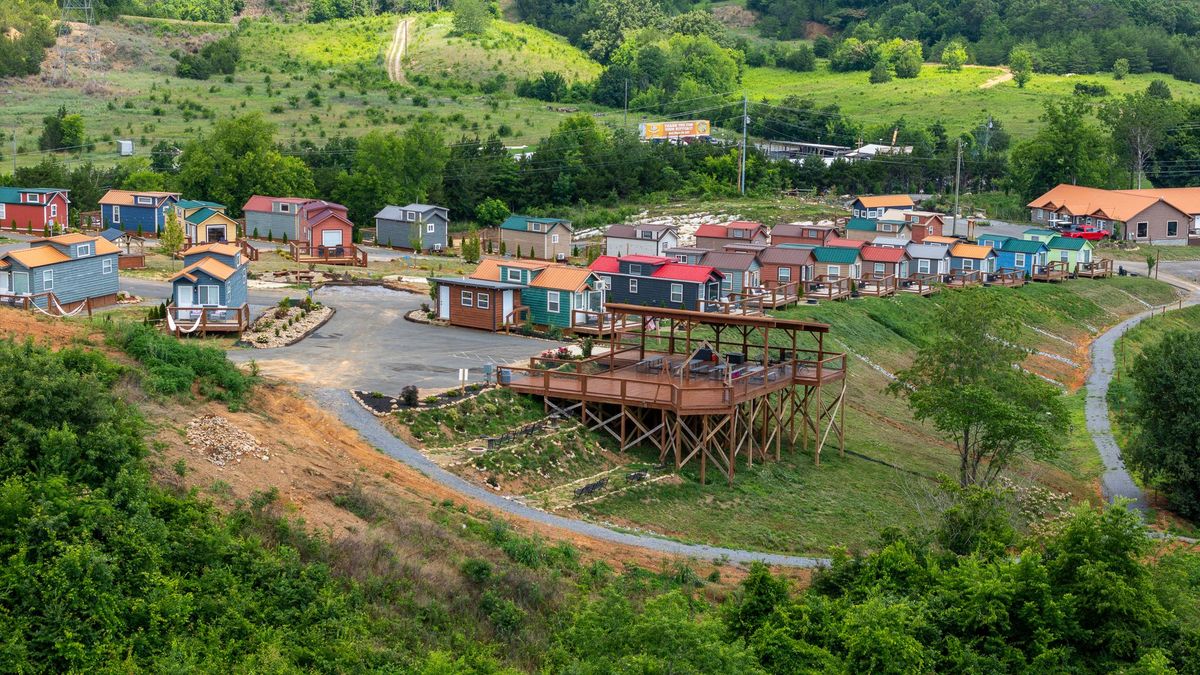 Aerial drone view of Sojourn Lodging tiny home village in the Smoky Mountains