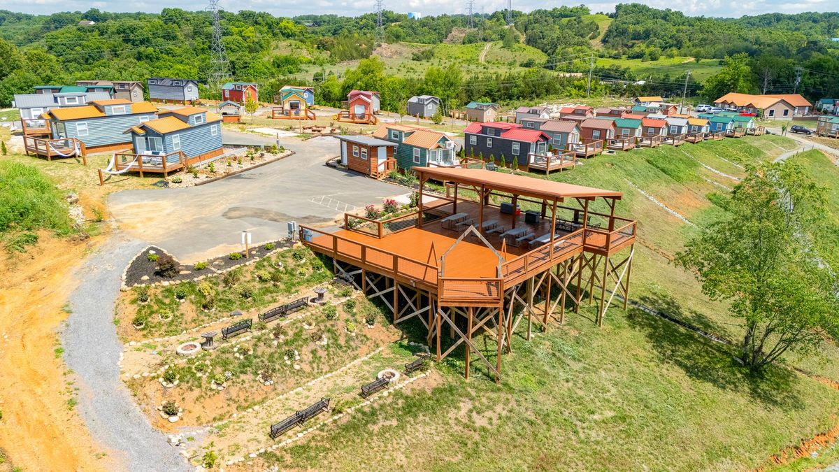 Aerial drone view of Sojourn Lodging tiny home village in the Smoky Mountains
