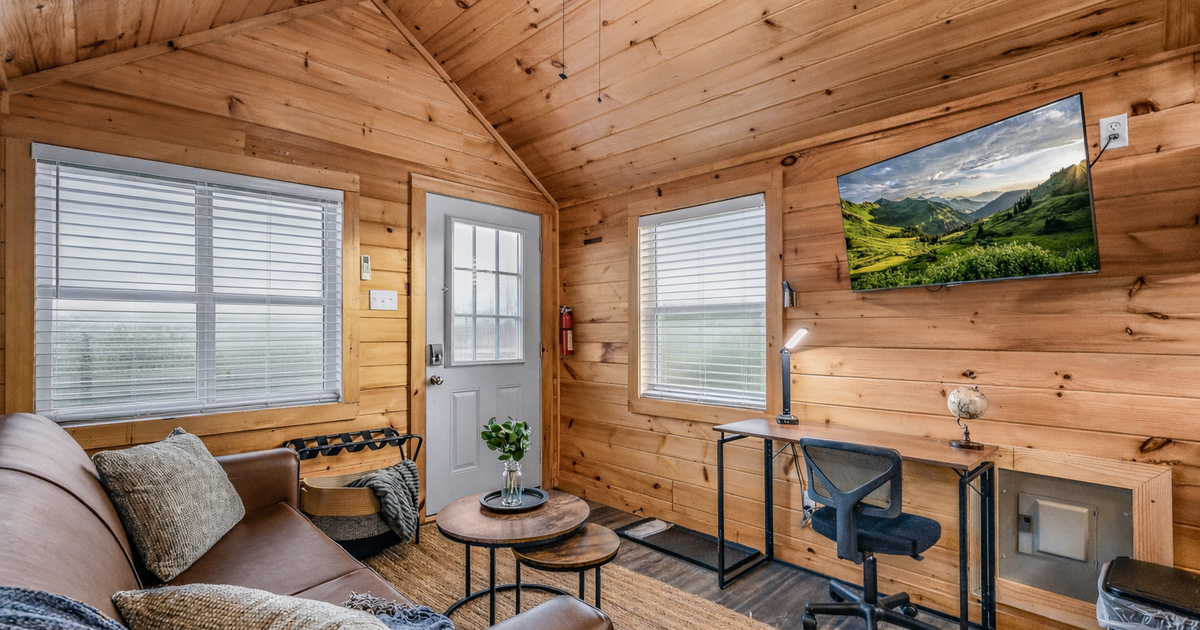 Open living area inside The Grove at Sojourn Lodging tiny home