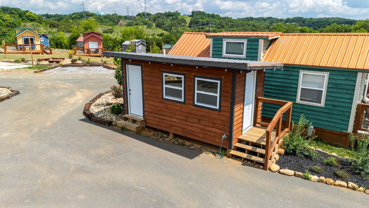 Aerial drone view of Sojourn Lodging tiny home village in the Smoky Mountains