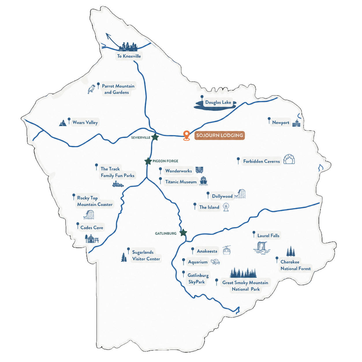 Regional map showing Sojourn Lodging's proximity to Dollywood, Gatlinburg, the Smoky Mountains, and other local attractions
