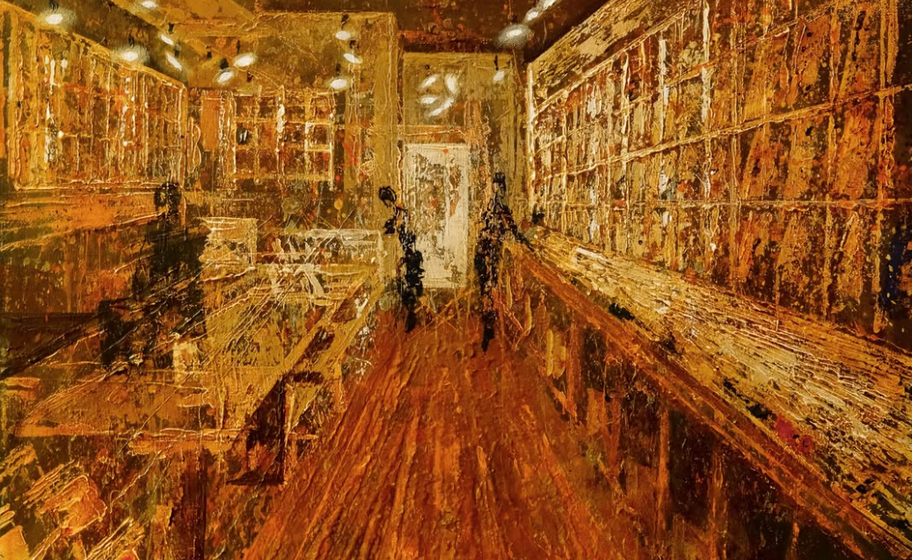 painting of a record sharp in warm tones in a subtle abstract style