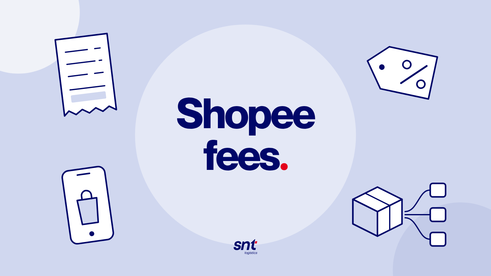 The words “Shopee fees.” centred on a periwinkle background, with line icons of a receipt, a percentage price tag, a phone with a shopping bag, and one carton linked to three channels.
