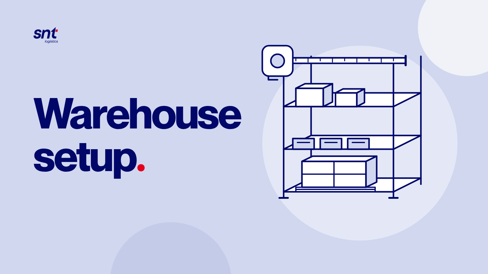 A shelving unit holding cartons, small bins and a loaded pallet, with a tape measure stretched across the top.