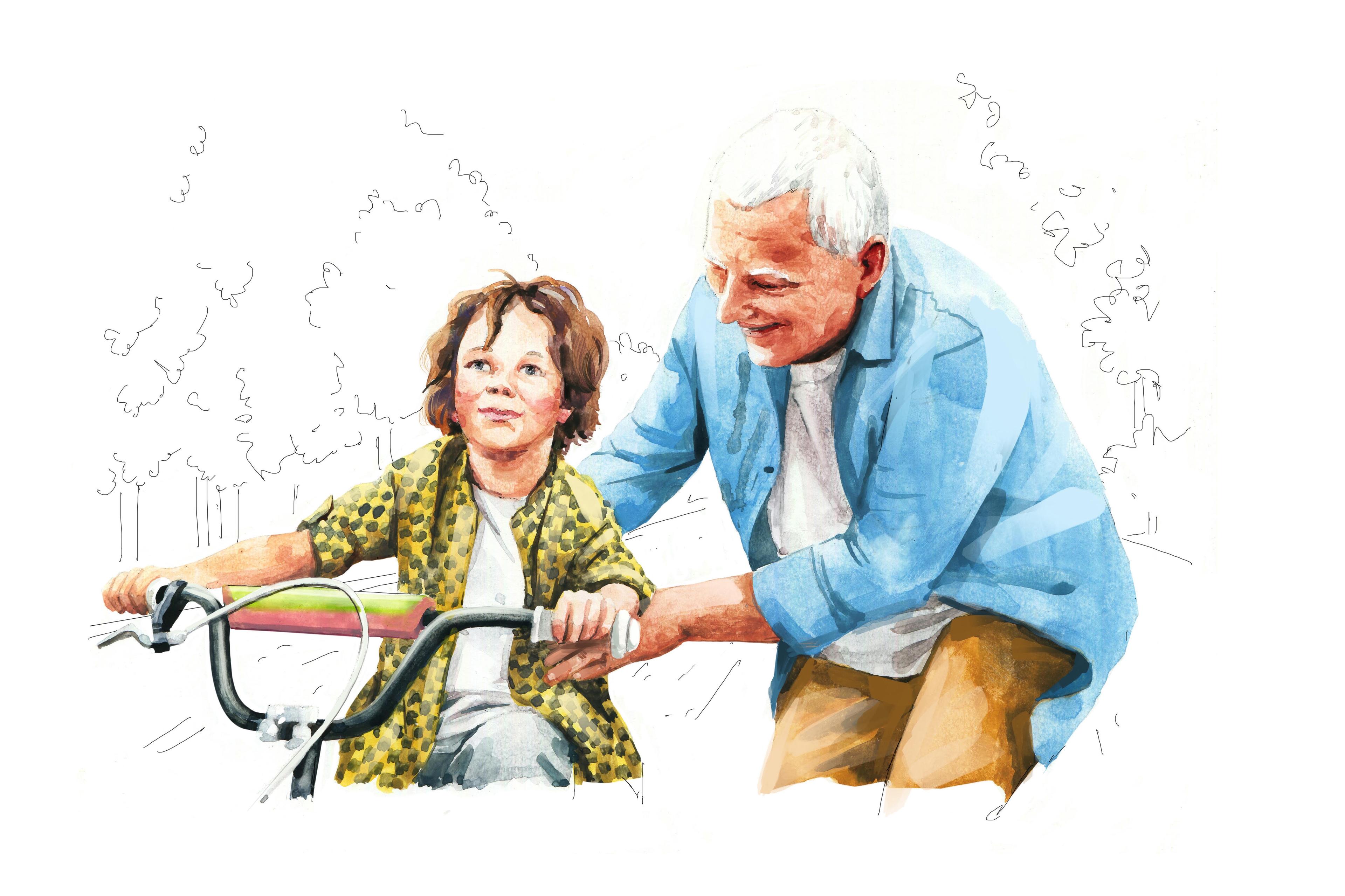 Grandfather and child learning to ride a bike