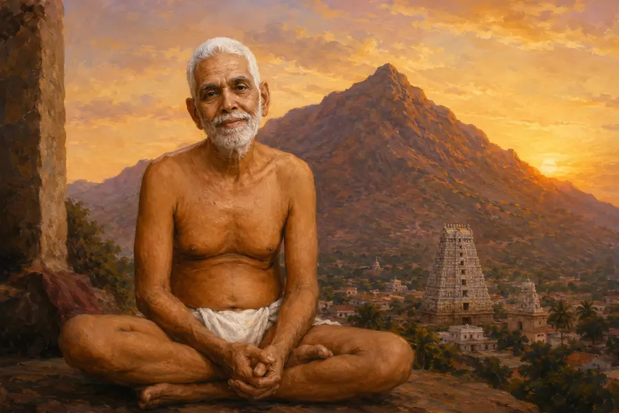 Oil painting of Sri Ramana Maharshi seated in meditation before the sacred Arunachala hill at dawn