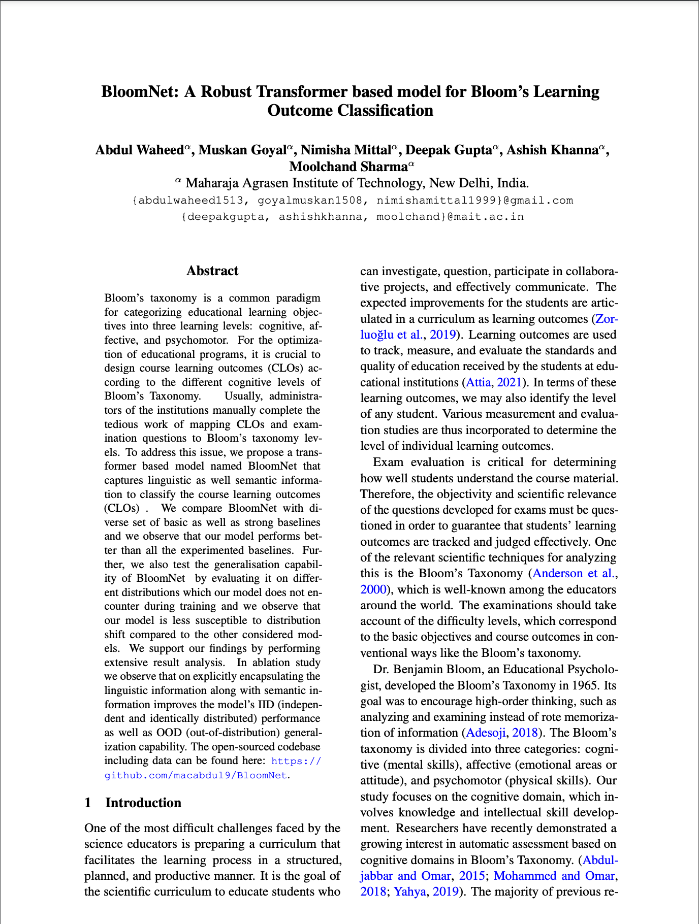 BloomNet: A Robust Transformer based model for Bloom’s Learning Outcome Classification
