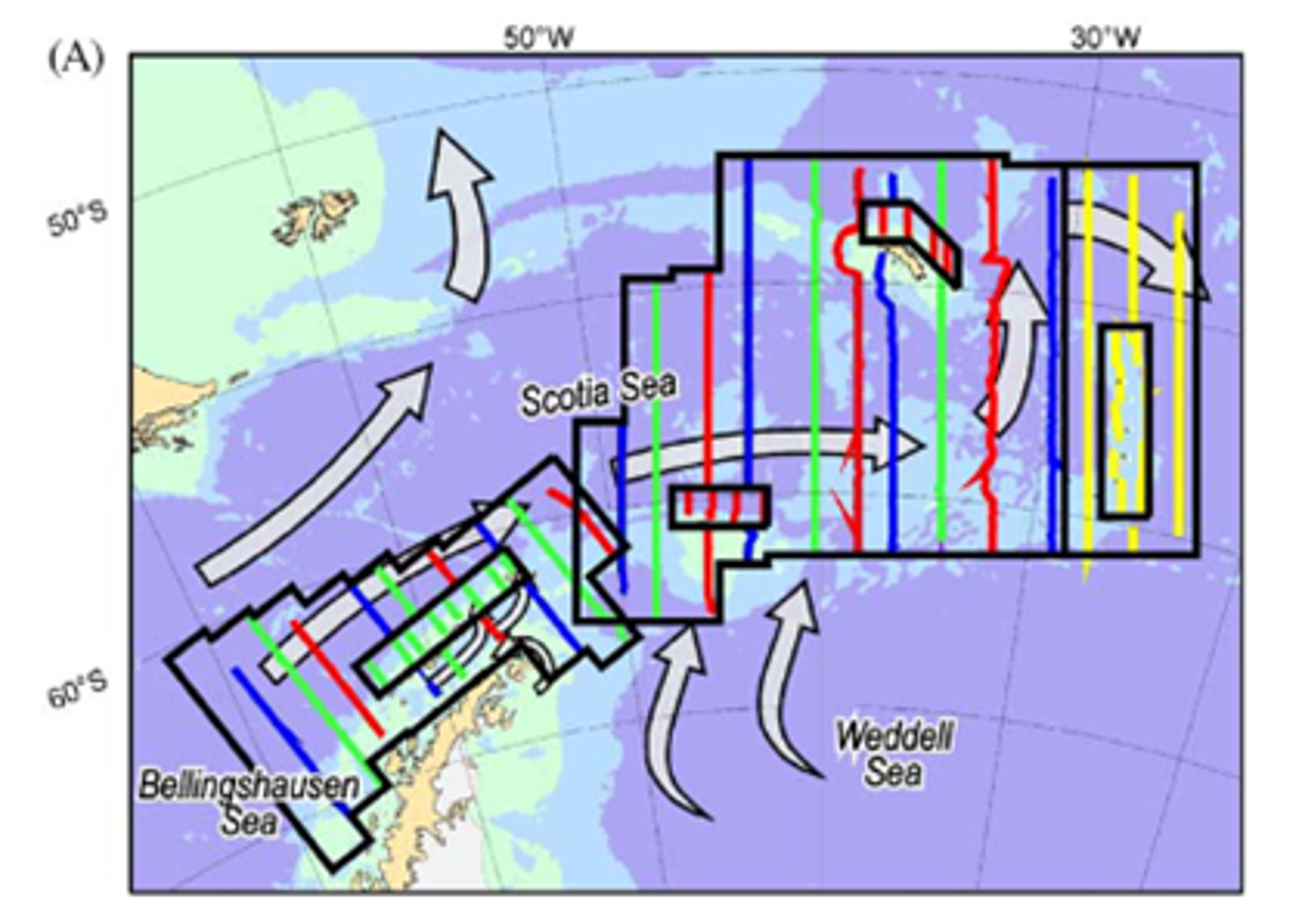Map showing island groups and ocean floor depths in the Scotia Sea (shaded areas mark 500, 1000 and 3000 meter depth contours), adapted from Hewitt et al. (2002). The map displays survey zones outlined in black, historical fishing locations marked with red squares, and major ocean current boundaries shown as blue lines. From north to south, these current boundaries include the Subantarctic Front, the Polar Front, the Southern Antarctic Circumpolar Current Front, and the Southern Boundary of the Antarctic Circumpolar Current.