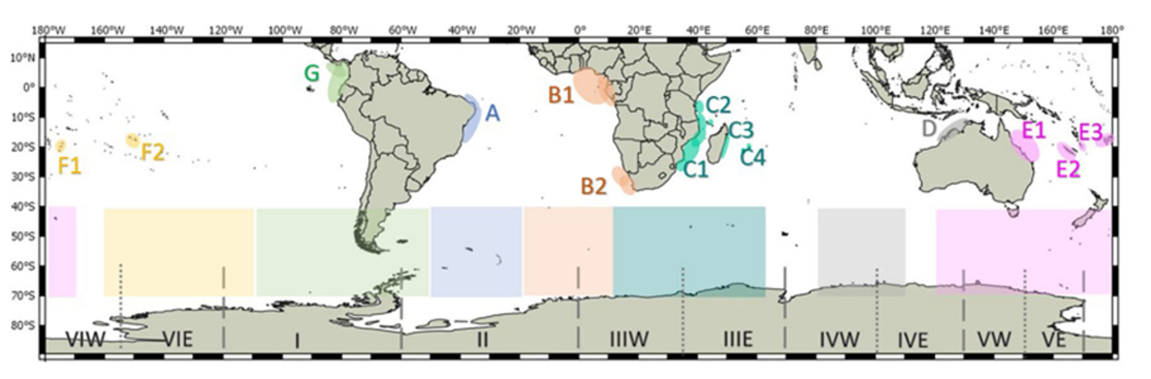 This map shows the distribution of Southern Hemisphere humpback whale populations across seven breeding stocks (A-G), with colors linking each stock's breeding areas to their corresponding feeding grounds in the Southern Ocean. The Southern Ocean is divided into six management zones (I-VI) marked by dashed lines, with some zones subdivided into western and eastern sections shown by dotted lines. The color-coding reveals how each whale population migrates between specific tropical breeding areas and particular Southern Ocean feeding zones.