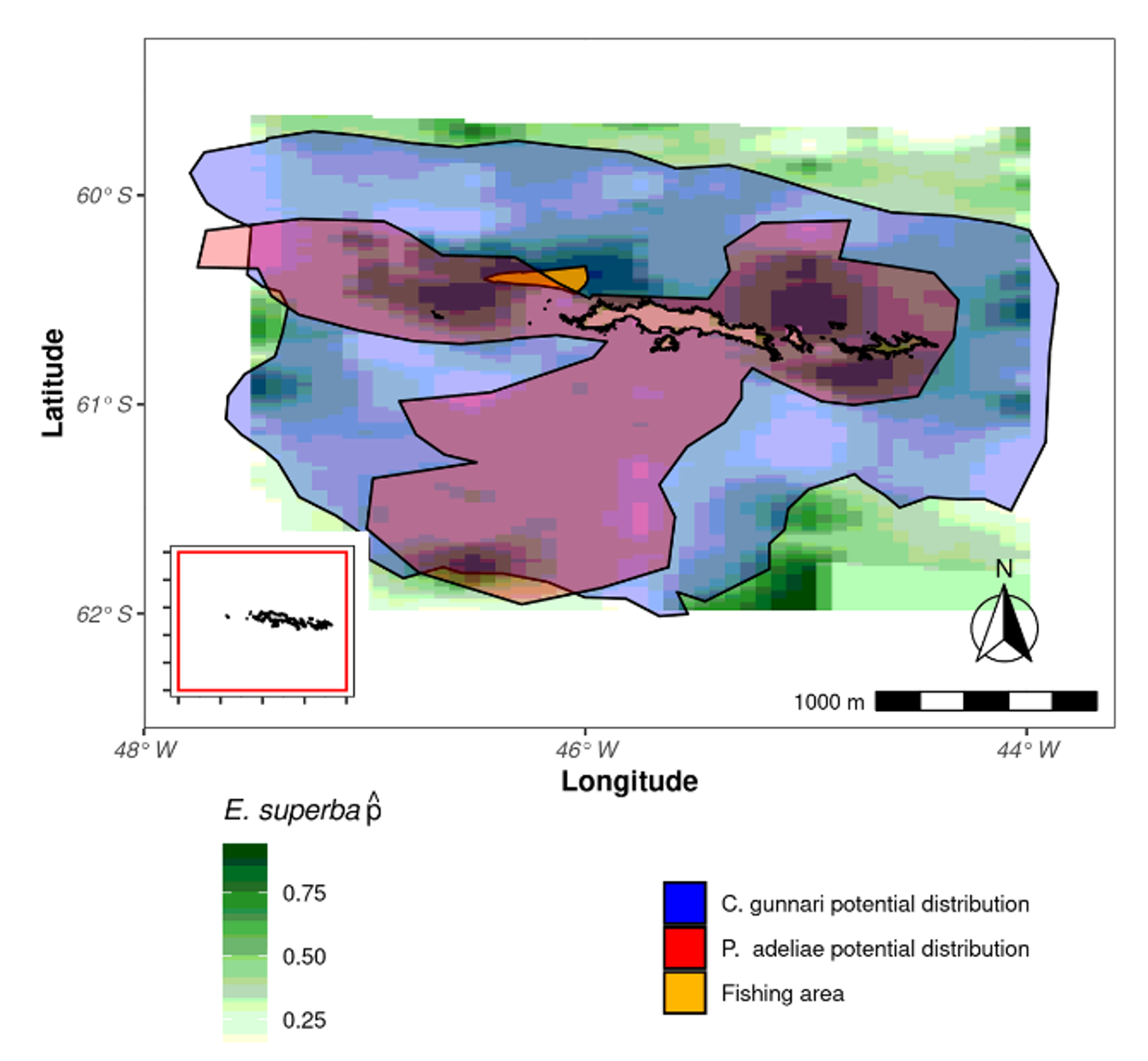 Map showing estimated probability of Antarctic krill presence (green shading), potential distribution area of mackerel icefish (depth range 0-1000 meters), and potential distribution of Adélie penguins (from Frolkina 2002) around the South Orkney Islands, Antarctica.