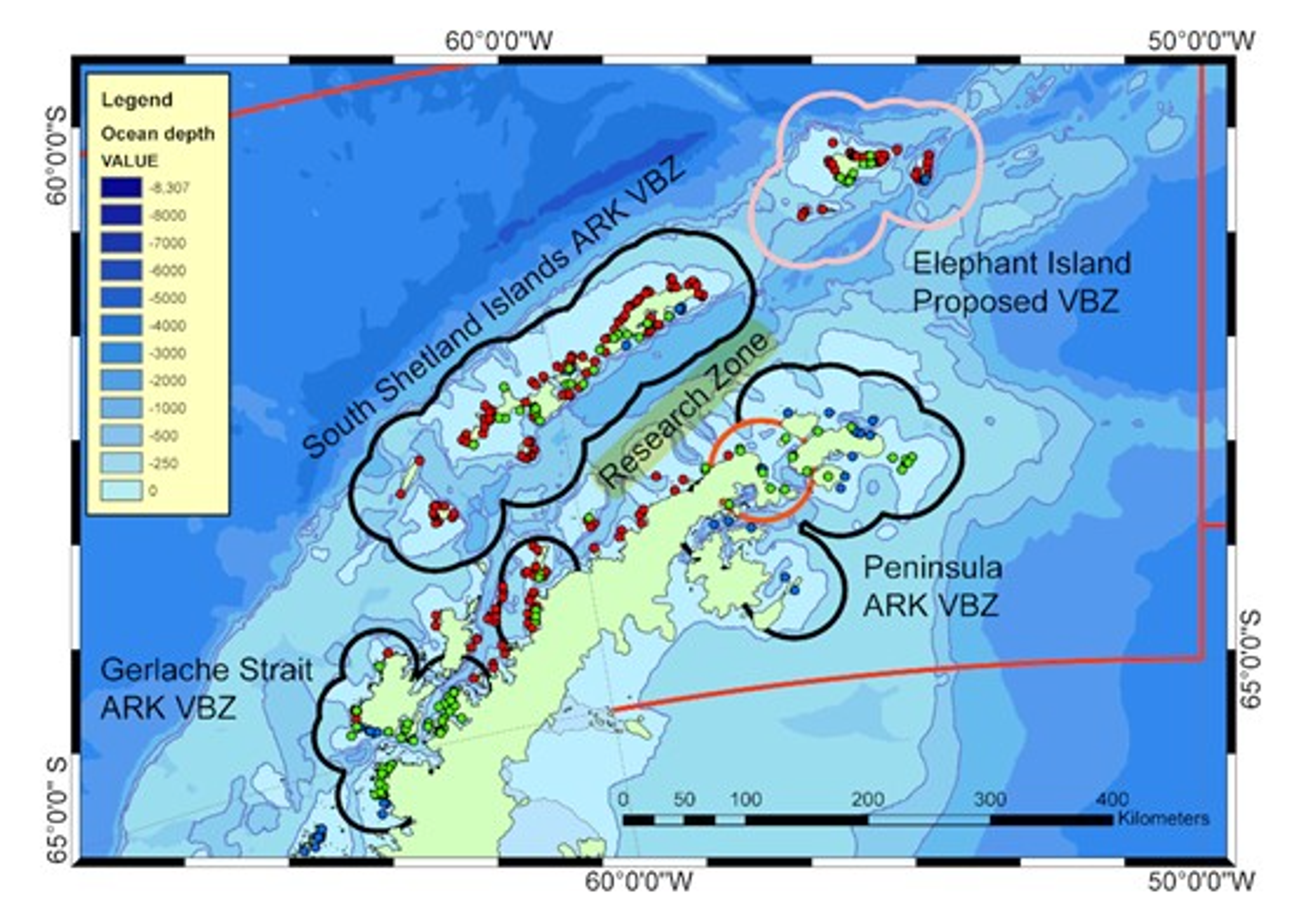 Map showing ARK's voluntary buffer zones (VBZ; black areas) within Subarea 48.1 around the South Shetland Islands (40 km buffer zone), the northern tip of the Antarctic Peninsula (40 km buffer zone), and northern and southern areas of the Gerlache Strait (30 km buffer zones). From 2021, the ARK agreement also includes year-round protection for the Hope Bay colonies (orange) within the Peninsula ARK-VBZ. The map also shows a new proposed VBZ around Elephant Island (pink) and a proposed research zone where fishing can occur, but where data collection would be required. The locations of known breeding colonies for gentoo (green), chinstrap (red), and Adélie (blue) penguins are shown.