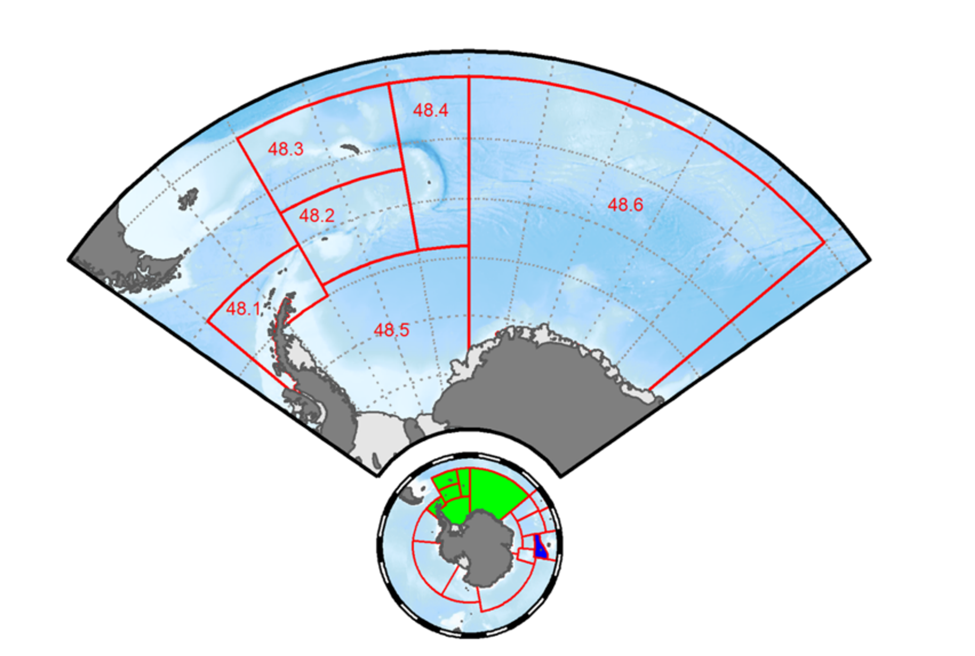 CCAMLR subareas within the Statistical Area 48 (green). Division 58.5.2 is highlighted in blue.