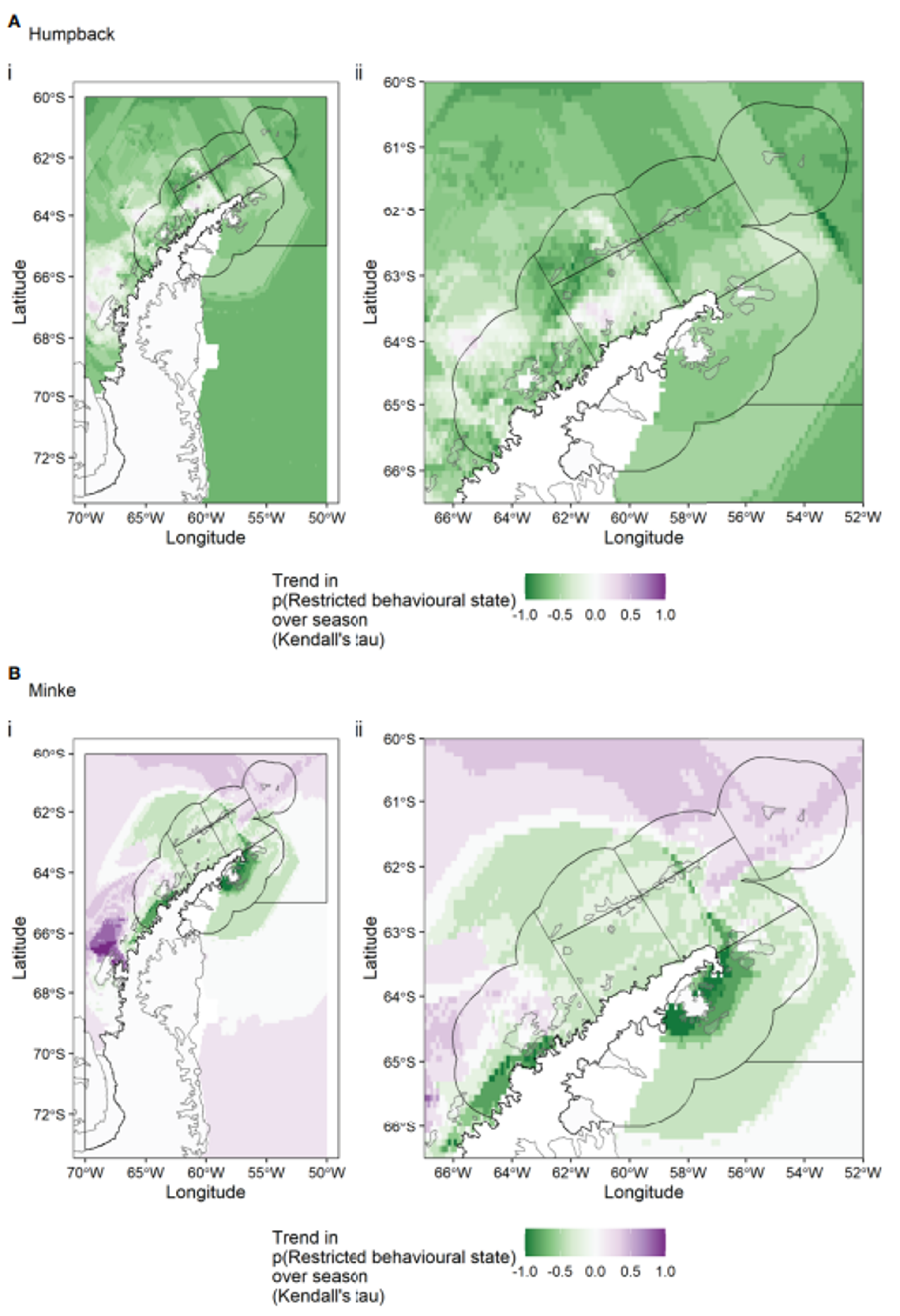 For humpback whales (A) and minke whales (B), this shows how whale behavior changed throughout the season. Green areas indicate where whales became less likely to stay in one place for feeding as the season progressed, while other colors show where whales became more likely to concentrate their feeding activities.