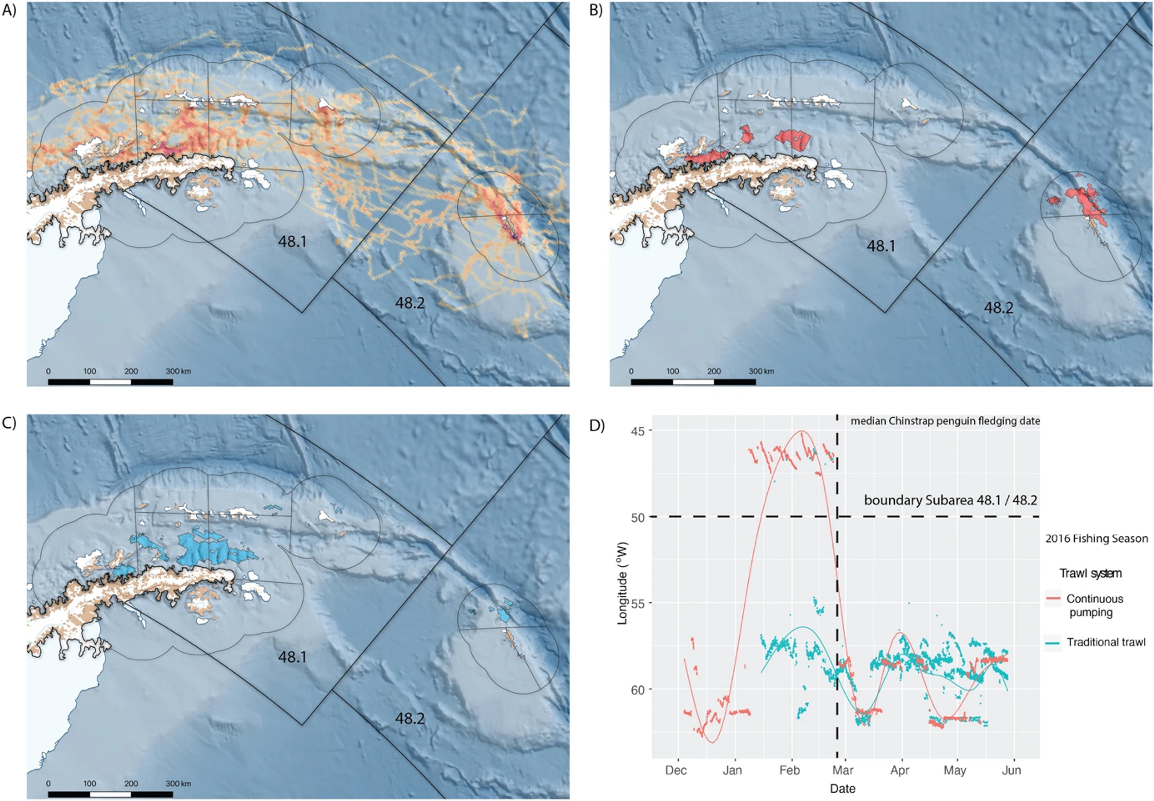 This figure shows how male Antarctic fur seals (panel A, heatmap showing time spent in different areas) overlap with two types of krill fishing gear: continuous pumping trawlers (panel B) and traditional trawlers (panel C) in the western Antarctic Peninsula and Scotia Sea. Panel D reveals the temporal complexity, showing how continuous pumping vessels (red line) move between fishing areas throughout the season, while traditional trawlers (blue line) operate in a more concentrated pattern. The vertical dashed line marks when chinstrap penguin chicks typically leave their nests—a critical period when adult penguins are restricted to short foraging trips near breeding colonies. This overlap creates a complex competitive environment where seals, fishing vessels, and breeding penguins all depend on the same krill resources in overlapping areas and timeframes, highlighting the need for ecosystem-based fisheries management that considers multiple krill consumers.