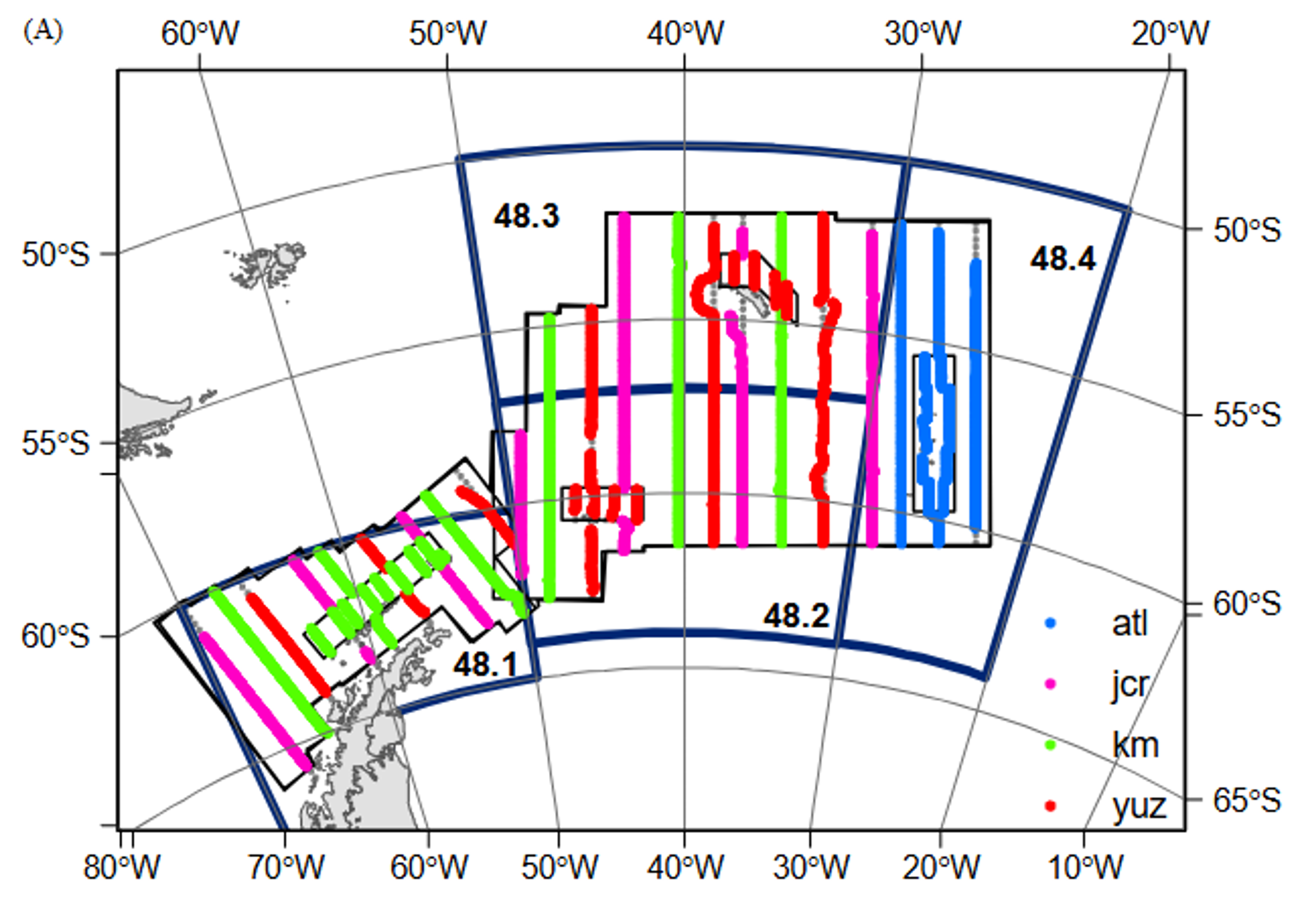 Map of the CCAMLR 2000 Survey. (A) Acoustic survey routes traveled by research vessels R.V. Atlantida (atl), R.R.S. James Clark Ross (jcr), R.V. Kaiyo Maru (km) and R.V. Yuzhmorgeologiya (yuz), with sampling zone boundaries shown as black lines and FAO management areas outlined in dark blue, (B).