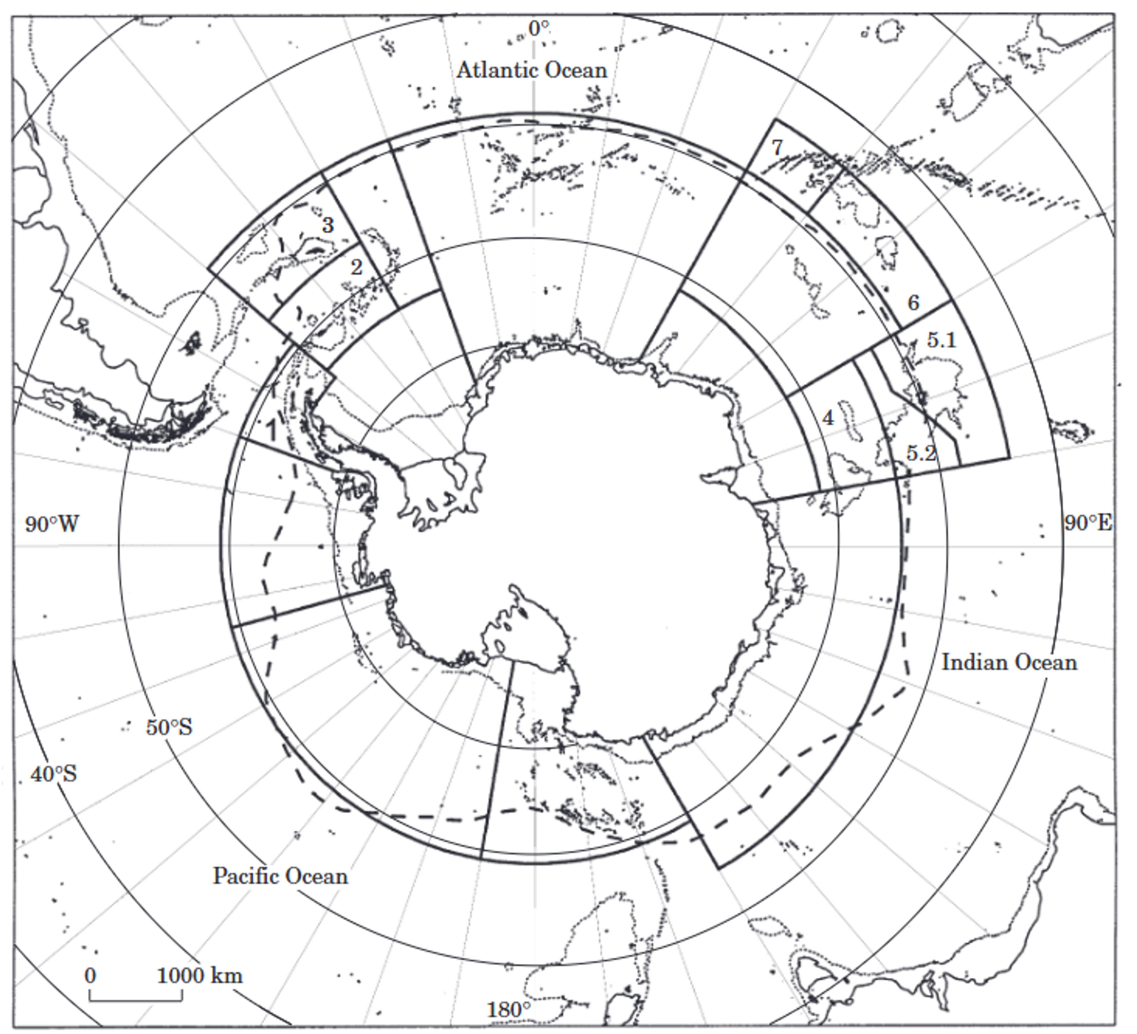 Map of the Southern Ocean displaying the CCAMLR management area boundary and its statistical zones and subdivisions (thick solid lines), the Antarctic Polar Front ocean current (dashed line), land boundaries (solid lines), and the 2000-meter depth contour lines throughout the region (dotted lines). The numbered locations indicate: 1. Antarctic Peninsula and integrated research area; 2. South Orkney Islands; 3. South Georgia Island and integrated research area; 4. Prydz Bay integrated research area; 5.1. Kerguelen Island; 5.2. Heard Island and McDonald Islands; 6. Crozet Island; 7. Prince Edward and Marion Islands.