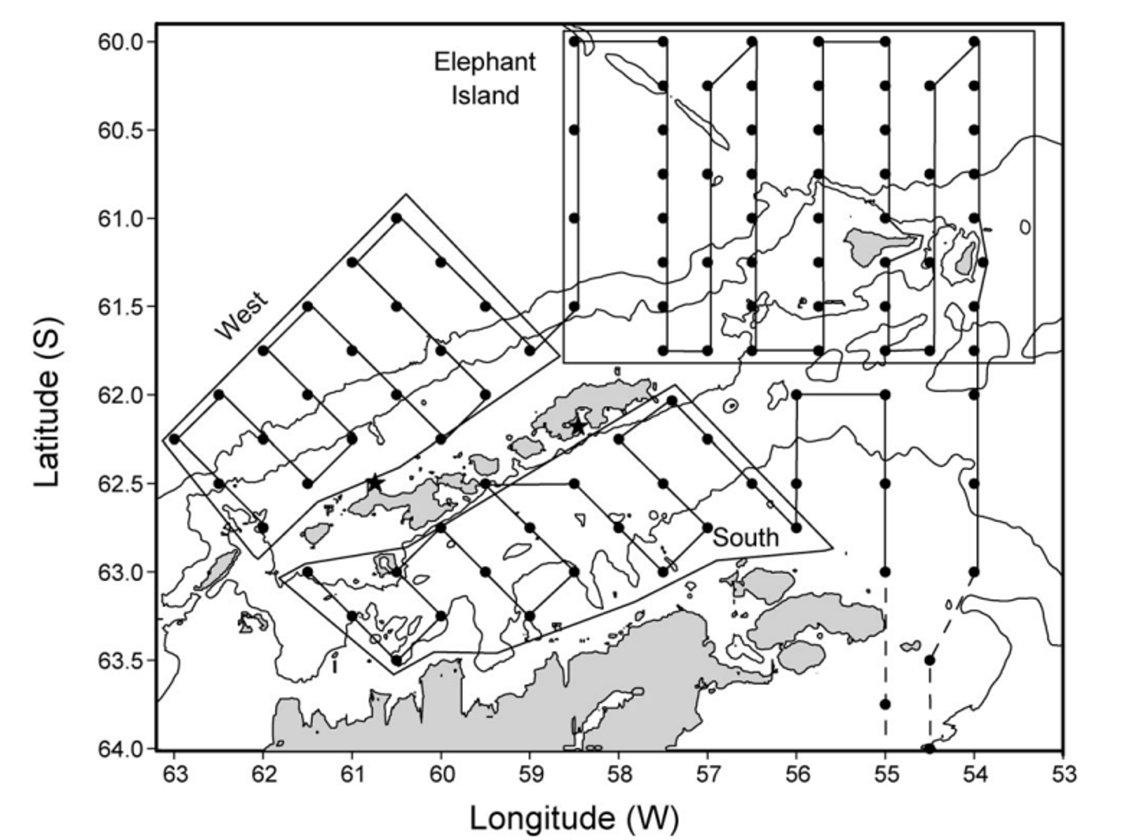 The map shows the current AMLR research sampling area (2003–2006) with marked locations of permanent monitoring stations used for biological and water condition measurements, along with the broader survey region. The outlined areas represent the three US AMLR zones where krill population estimates are calculated. Depth contour lines indicate 500-meter and 1000-meter water depths.