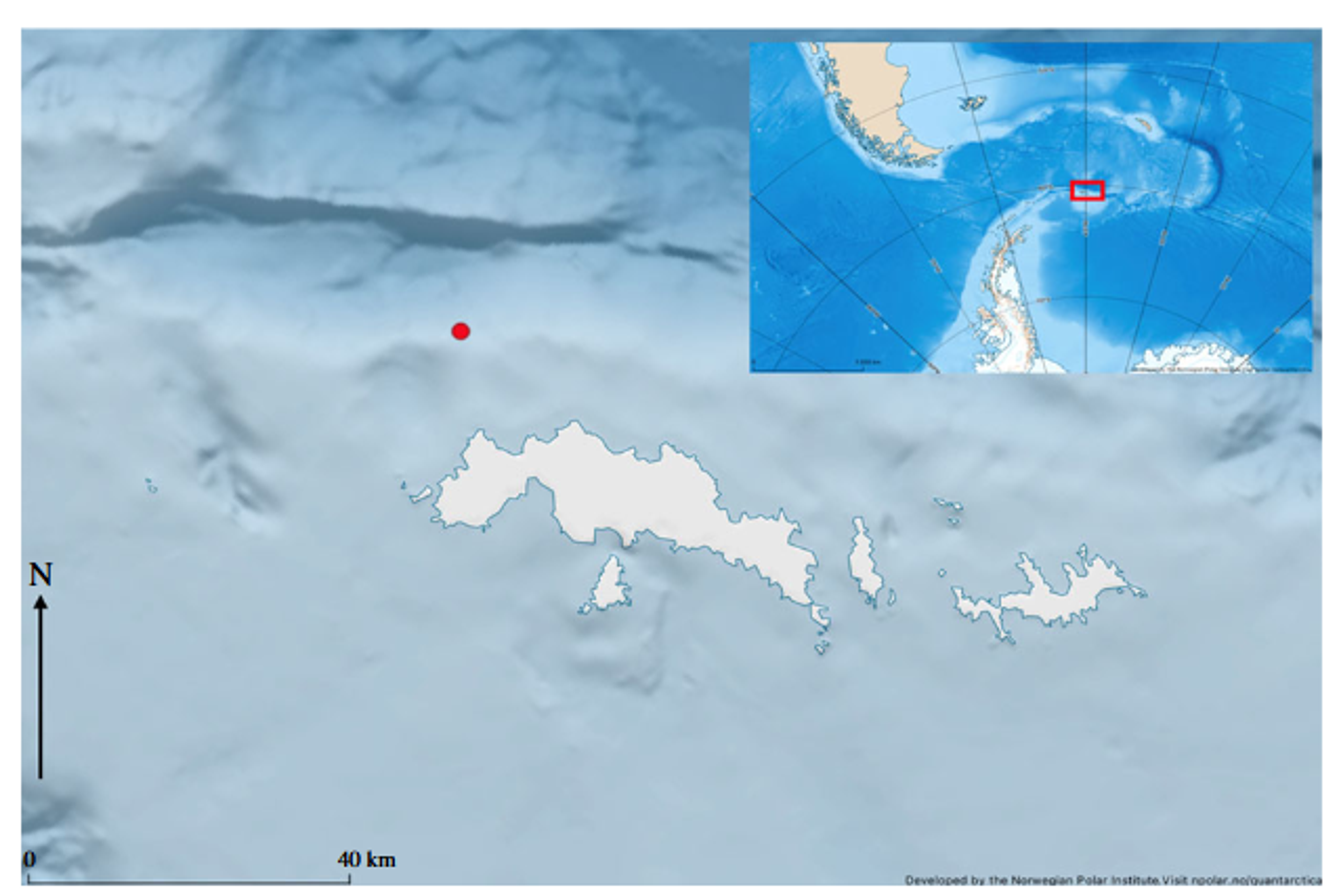 Map showing the study area at the South Orkney Islands, located at the southern edge of the Scotia Sea. The red dot shows the location of the underwater sound recording device in the Coronation Trough west of Coronation Island, which collected marine mammal calls during 2016 and 2017.