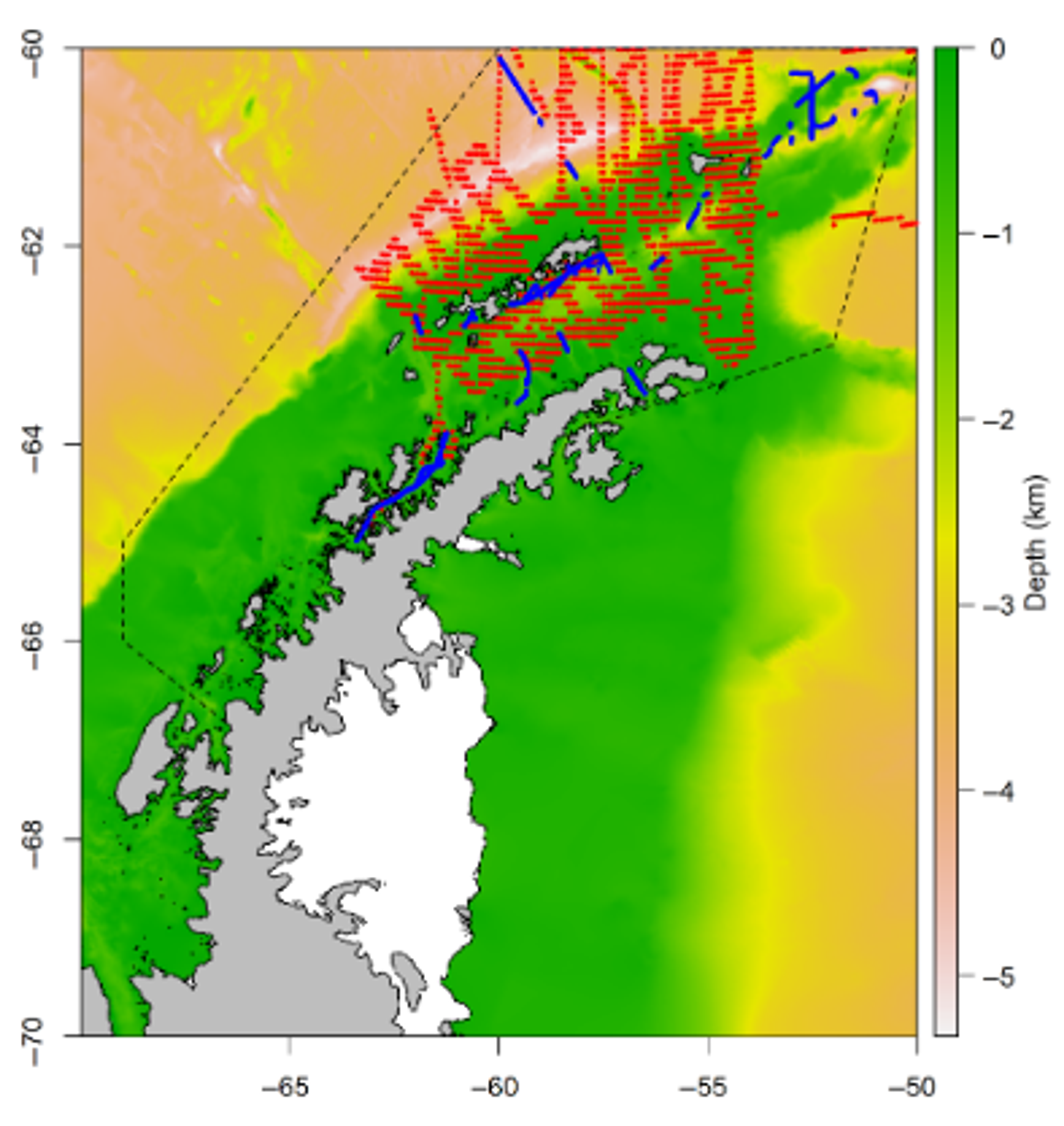 Map showing FAO fishing zone 48.1 (solid line boundary) along with the actual krill fishing area over the past 5 years (dotted line boundary; from Trathan et al., 2018). The map also displays survey routes for seabirds and fur seals from US Antarctic Marine Living Resources data (red tracks; Santora & Veit, 2013) and whale survey routes from Brazilian Antarctic Program data (blue tracks).