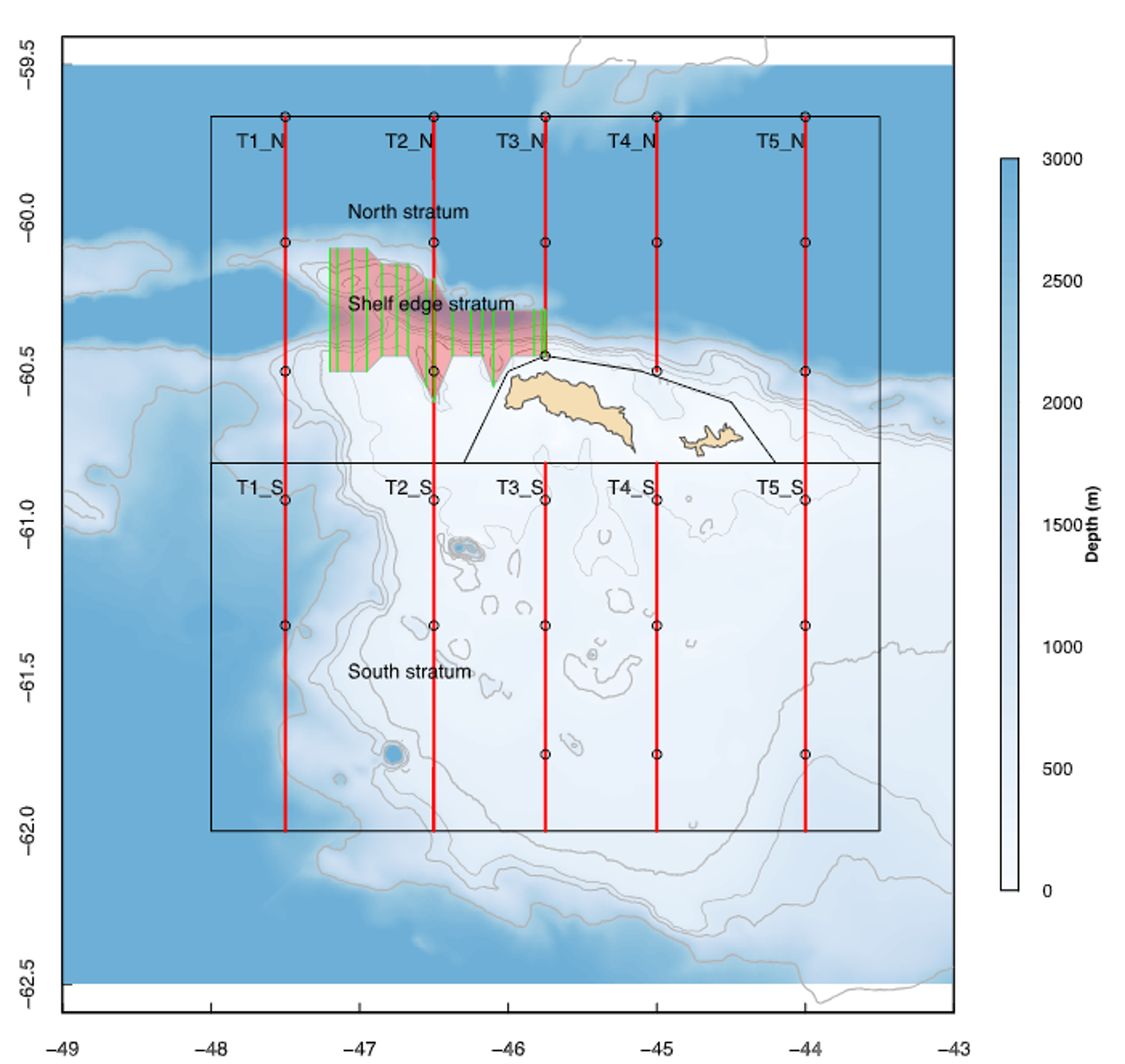 This map shows the survey design used by the Norwegian Institute of Marine Research around the South Orkney Islands from 2011 to 2020. The area is divided into strata (sections) with systematic transects (survey lines) running through them. The dots indicate fixed locations where trawl sampling was conducted to collect krill specimens. The southwestern portion of the survey area falls within a protected zone where trawling is prohibited, so no sampling dots appear in that region.