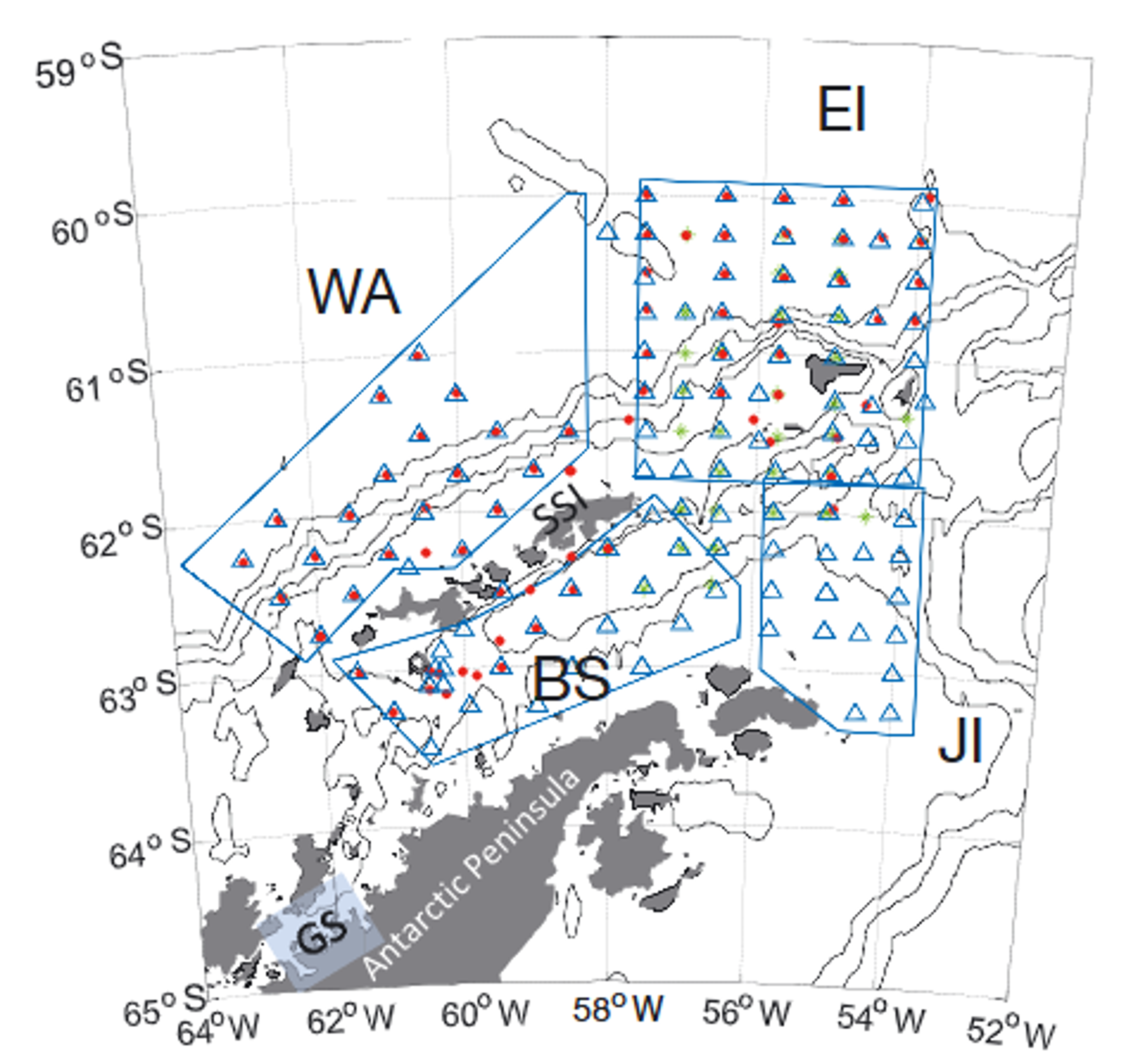  Research area showing sampling locations around the South Shetland Islands (SSI) during winter surveys in 2012 (green cross), 2013 (red dot), and 2014 (green triangle). Boxed areas indicate regions where Antarctic krill population estimates were calculated, including the west shelf (WA), Elephant Island (EI), Bransfield Strait (BS), and Joinville Island (JI) zones. Gerlache Strait (GS) is located in the southwestern-most section of the map.