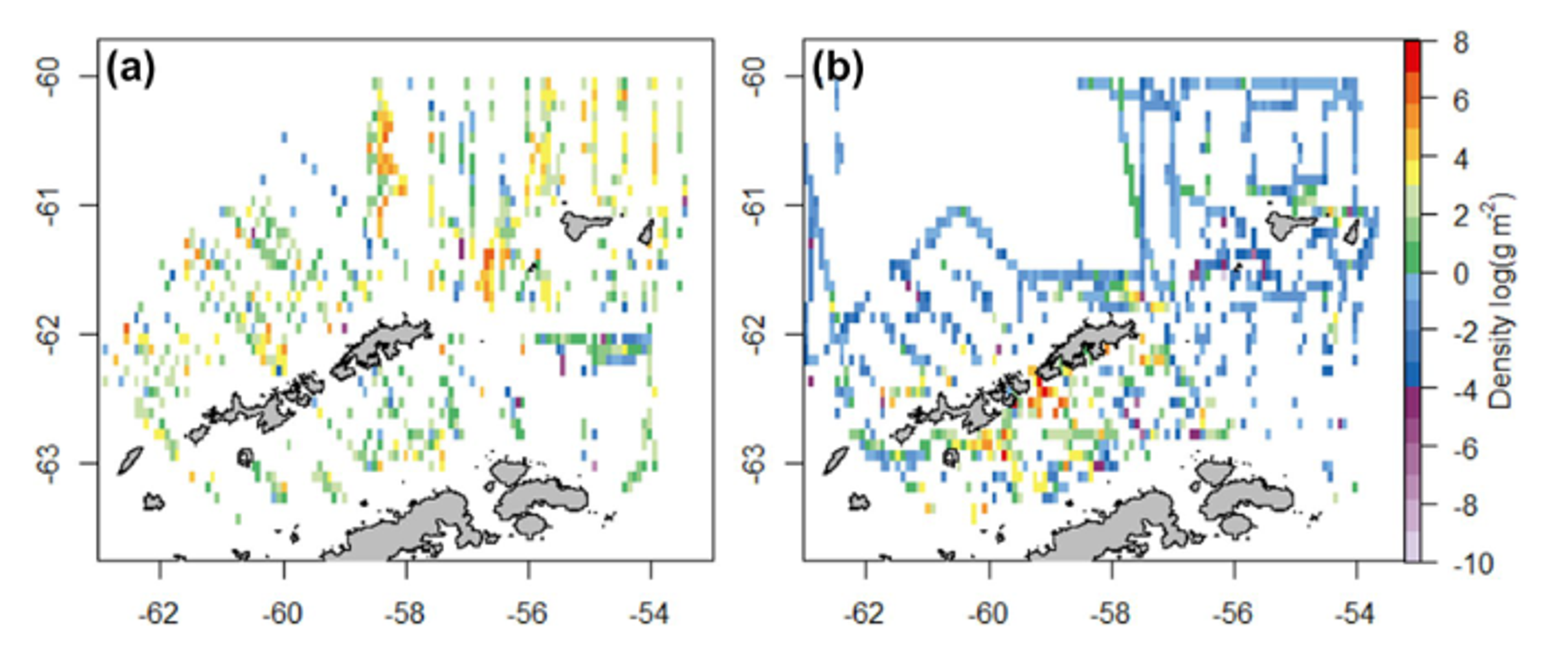 This figure shows the average density of Antarctic krill (Euphausia superba) observed during acoustic surveys. Panel (a) displays mean krill density (shown on a logarithmic scale) averaged across all summer surveys conducted from 1999 to 2011. Panel (b) shows the same data for winter surveys from 2012 to 2016. The maps reveal the spatial distribution patterns of krill concentrations in the northern Antarctic Peninsula region during both seasons.